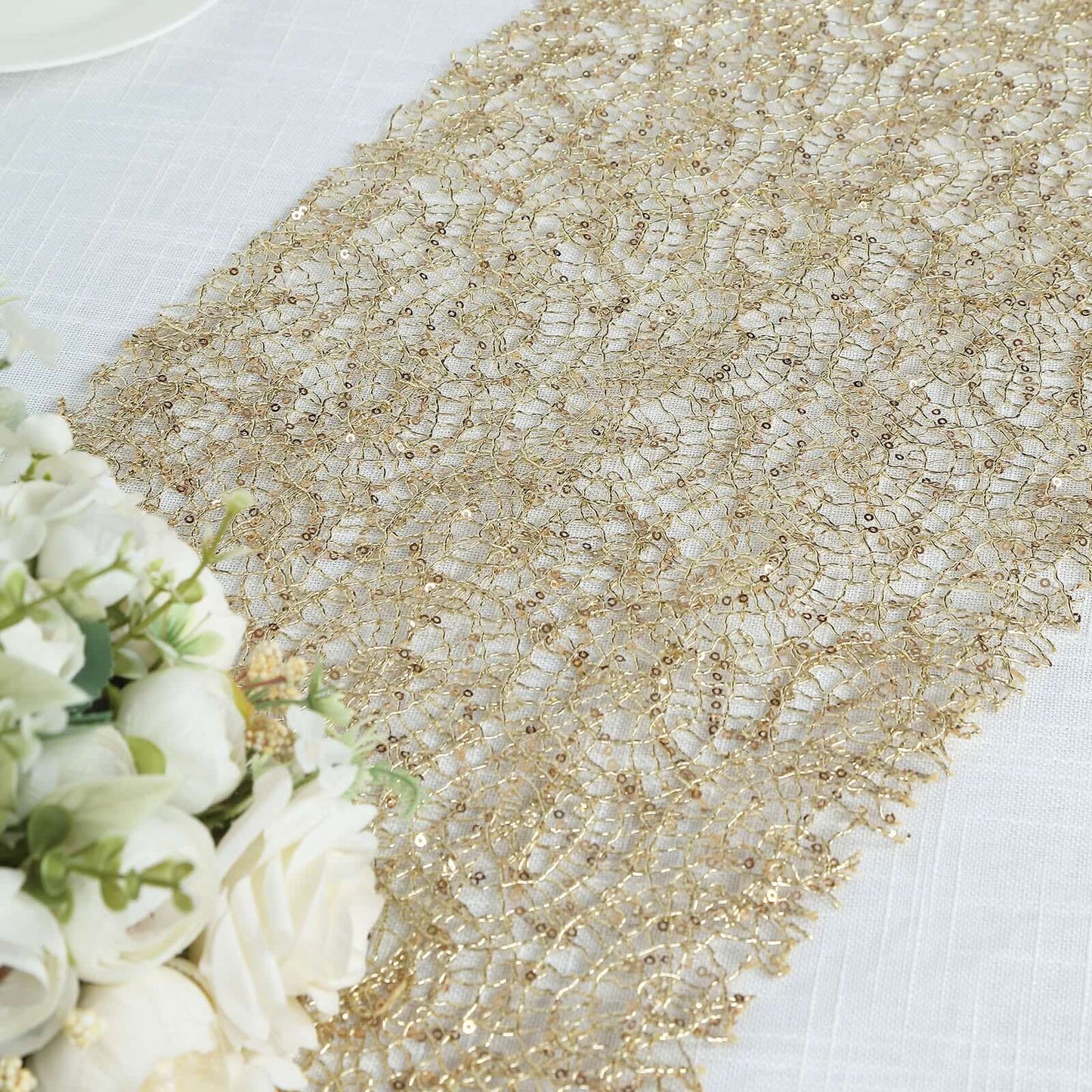 Mesh 12"x108" Table Runner Gold - Sequin Schiffli Lace Design for Stylish Celebrations