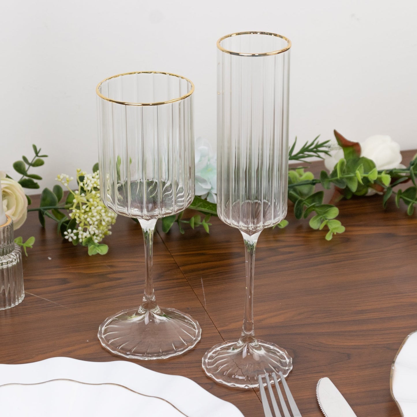 6-Pack Vintage Wine Goblet Glasses â€“ 10oz Ribbed Clear Glass with Gold Rim, Classic Table Drinkware for Cocktails or Beverages â€“ 8" Tall