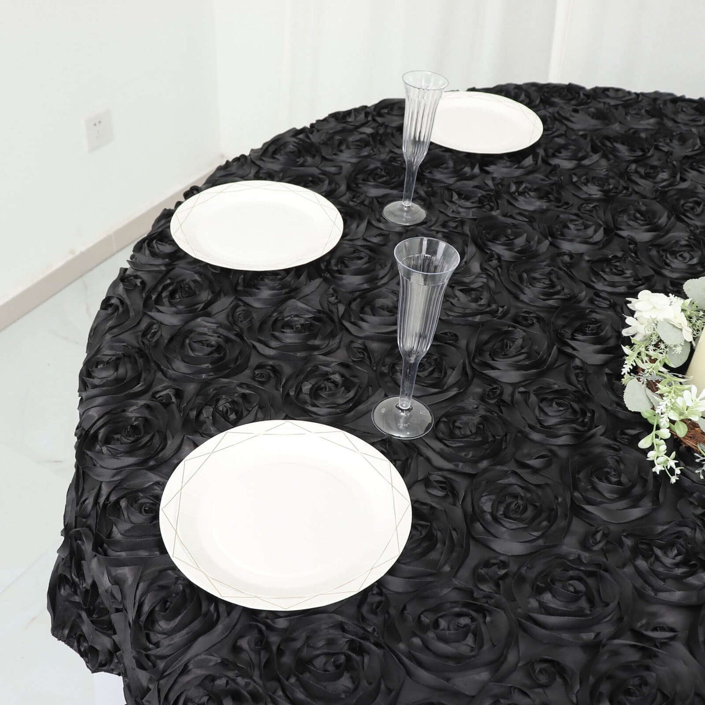 Satin 72"x72" Table Overlay Square Tablecloth Black - 3D Rosette Design for Stylish Occasions