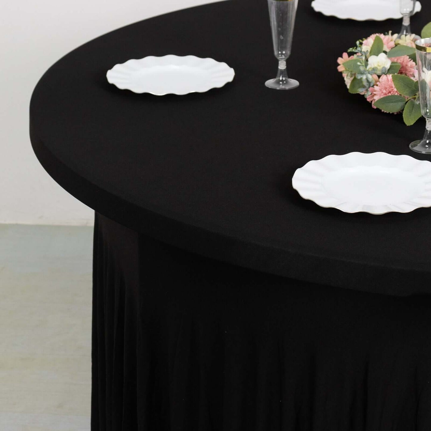 Spandex Round 5ft Table Skirt Black with Wavy Skirt-Like Effect Stylish Table Cover