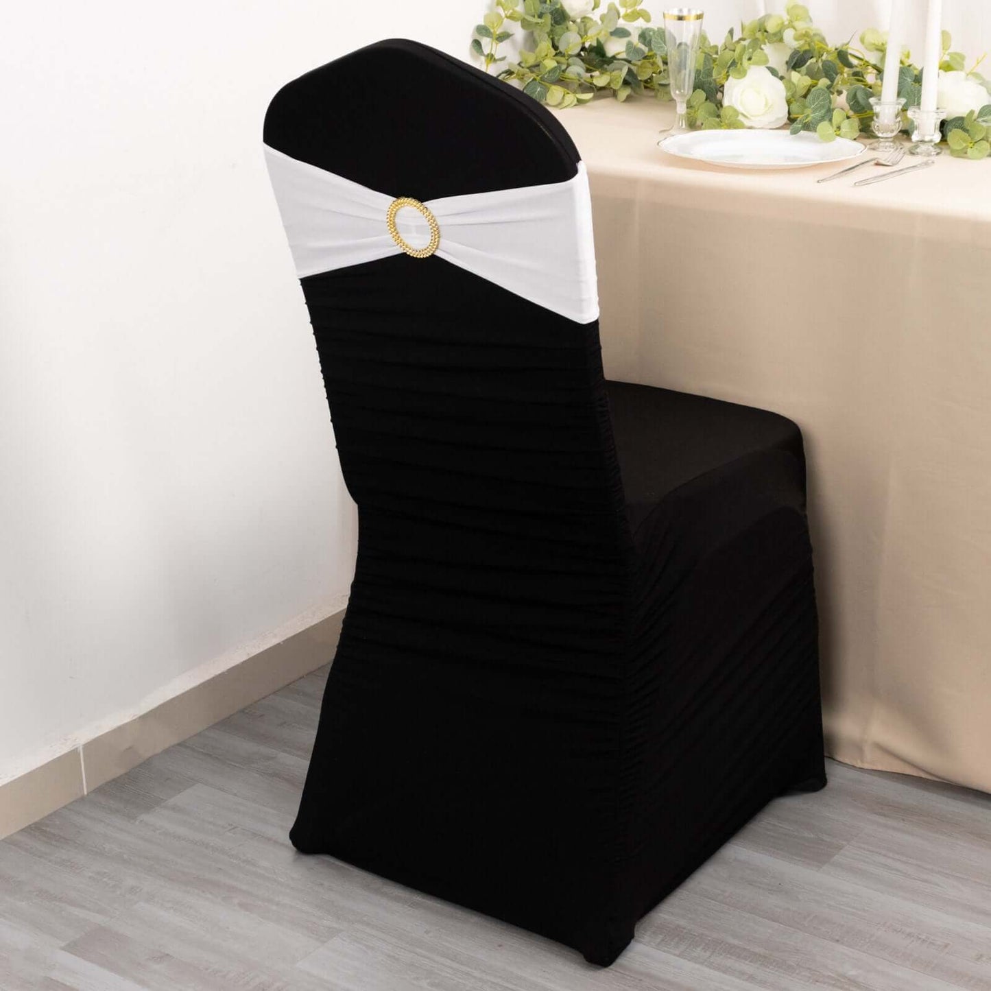 5 Pack Spandex Chair Sashes White with Gold Rhinestone Buckles - Reusable Four-Way Stretch Sash Bands for Classy & Effortless Wedding & Party Decor 5"x14"