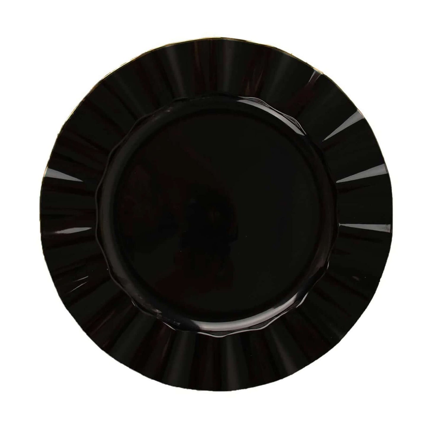 10-Pack Plastic 11" Round Dinner Plates in Black Ruffled Rim with Gold Edging - Sturdy Disposable Dinnerware