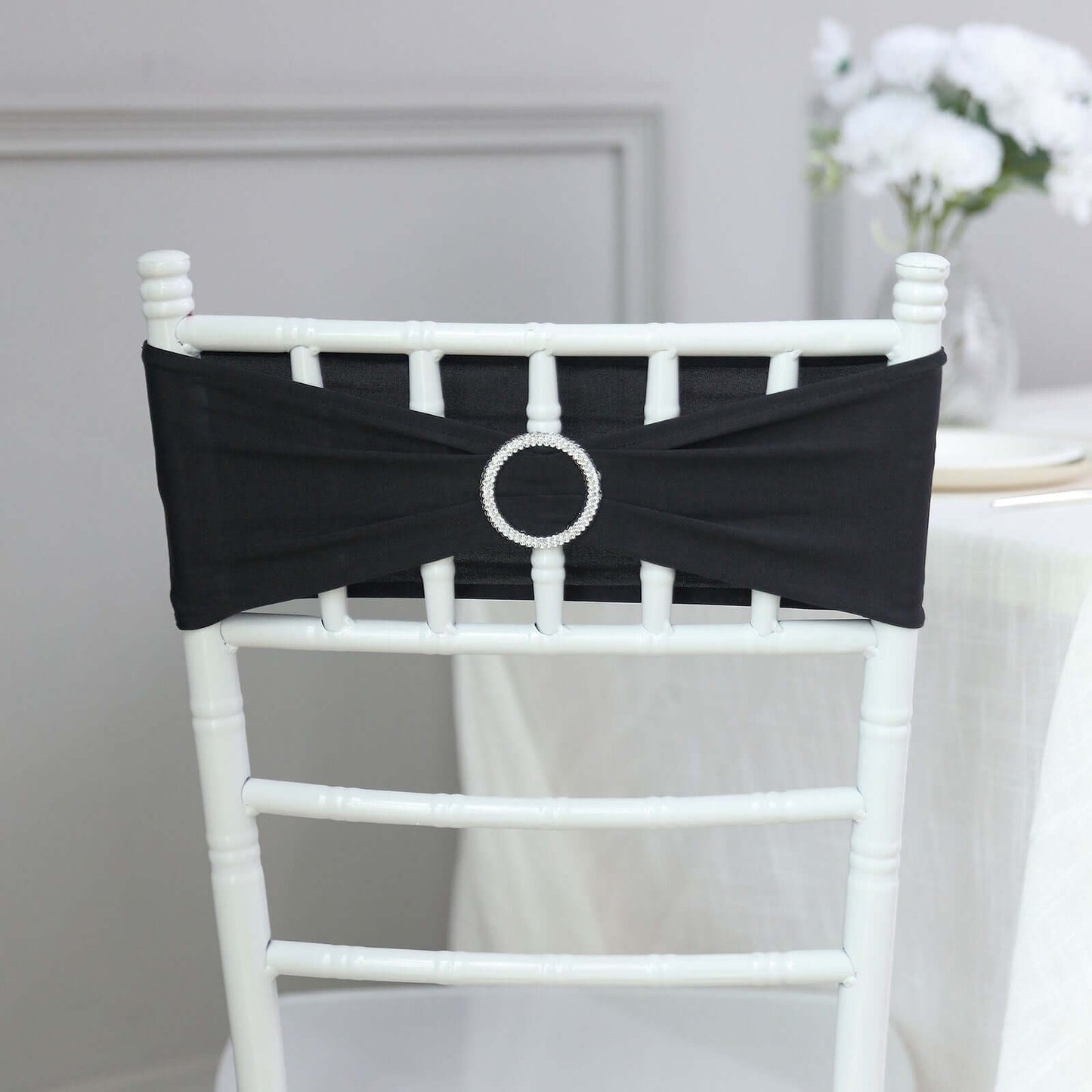 5 Pack Stretch Spandex Chair Sashes Black - Classy Reusable Chair Bands with Silver Diamond Ring Slide Buckle 5"x14"