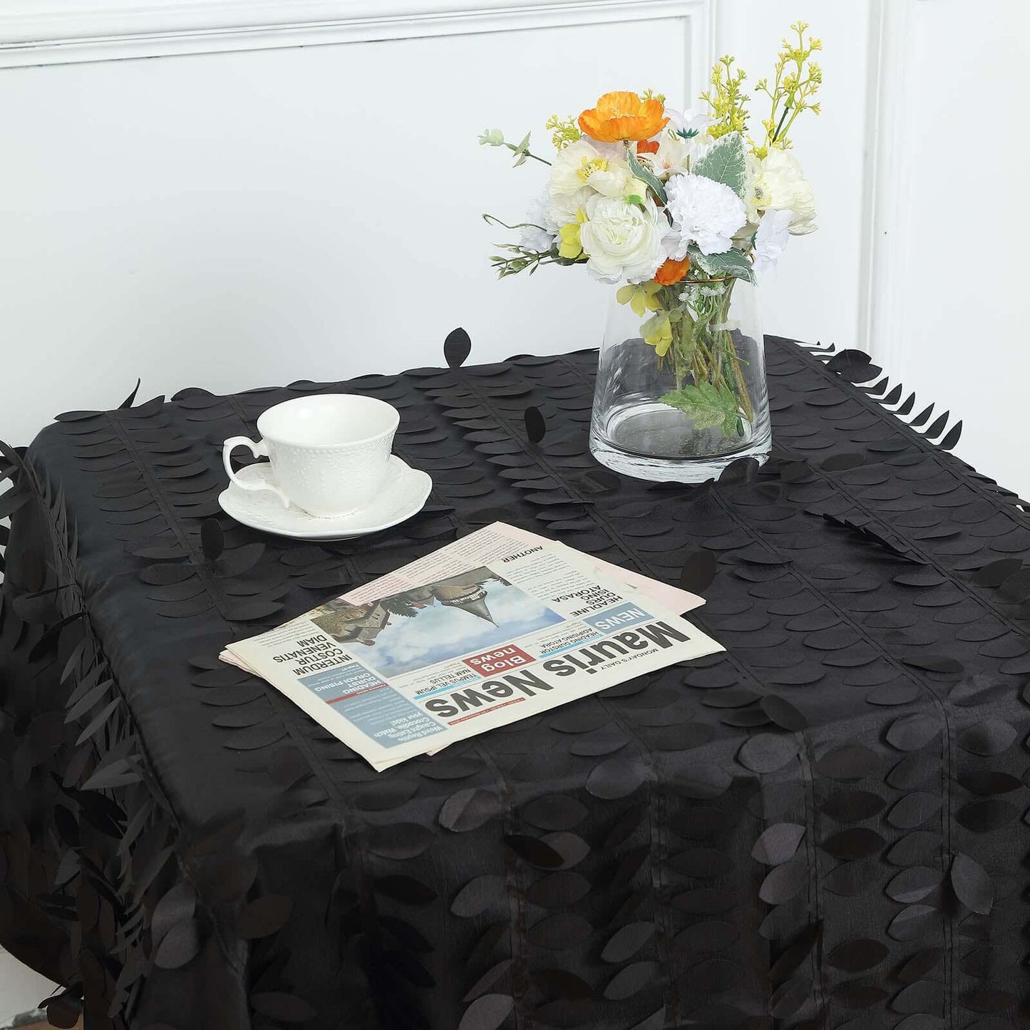Taffeta 54"x54" Square Tablecloth Black 3D Leaf Petal Table Cover