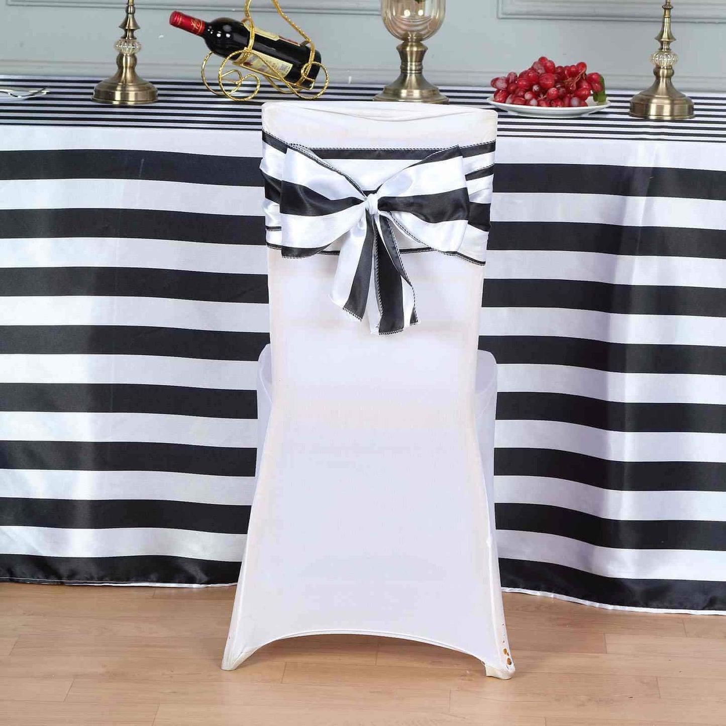 5 Pack Satin 6"x108" Chair Sashes Black/White Stripes - Sophisticated Decor for Weddings & Gatherings
