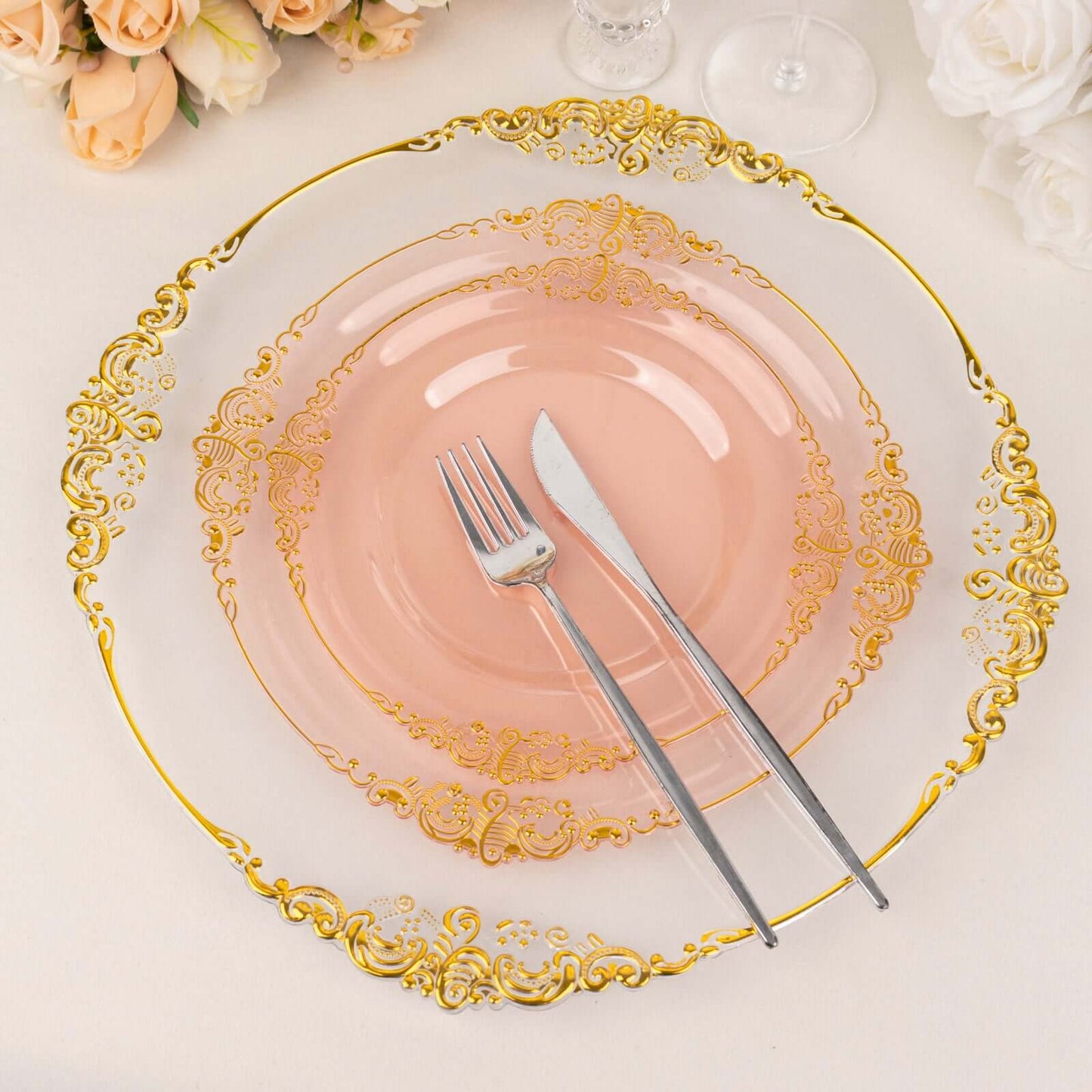 10-Pack Plastic 10" Round Dinner Plates in Transparent Blush with Gold Leaf Embossed Rim - Disposable Vintage Baroque Style Plates