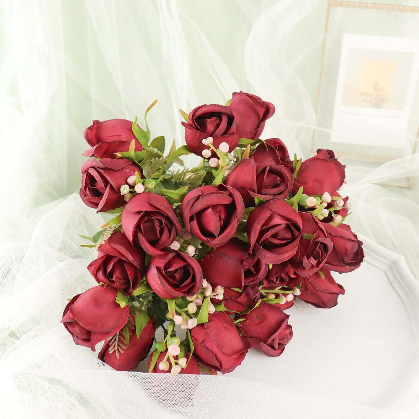 3 Pack 13" Burgundy Real Touch Silk Rose Bud Flower Bridal Bouquets, Artificial Floral Bush Arrangements