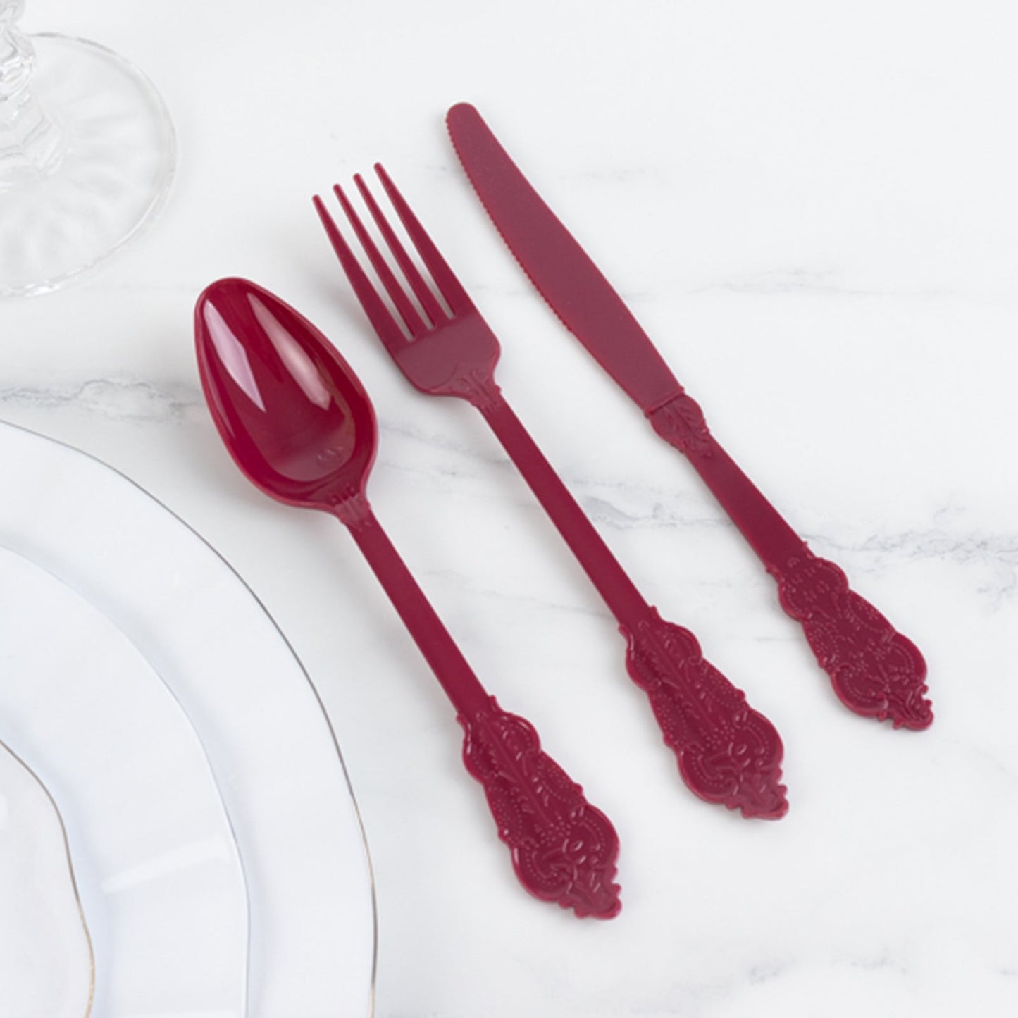 72 Pcs Plastic Silverware Set in Baroque Style Burgundy - Heavy Duty Disposable Knife, Fork, and Spoon Set