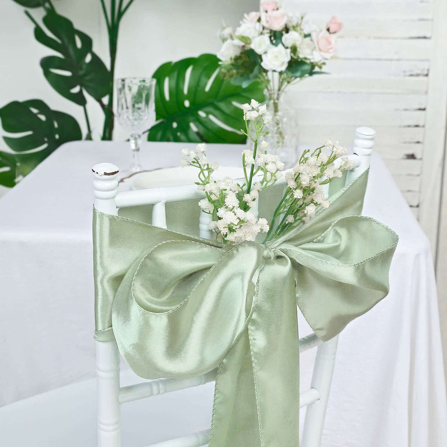 5 Pack Satin Chair Sashes Sage Green - Durable Chair Bows with Shiny Finish 6"x106"