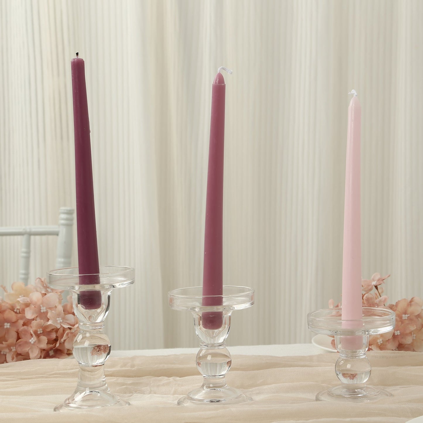 Set of 3 Glass Pillar Candle Holders Clear with Round Tray - Crystal Ball Stem Taper Candlestick Tea Light Stands 3.5", 4.5", 5.5"