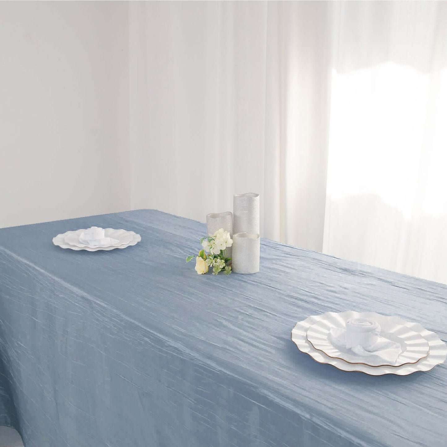 Taffeta 90"x132" Rectangle Tablecloth Dusty Blue - Seamless Accordion Crinkle Table Cover