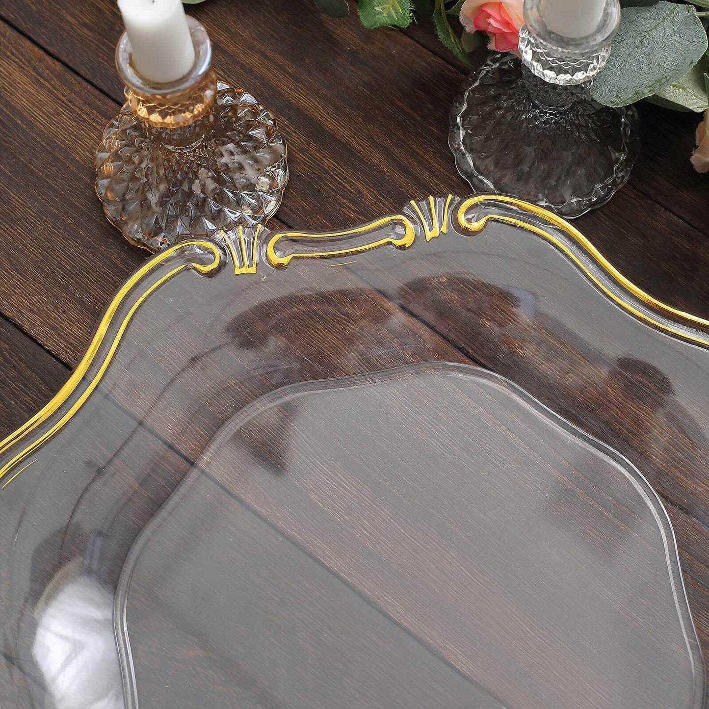 6-Pack Acrylic Plastic Hexagon Charger Plates 13" in Clear with Gold Baroque Scalloped Rim, Exquisite Dinner Serving Plates