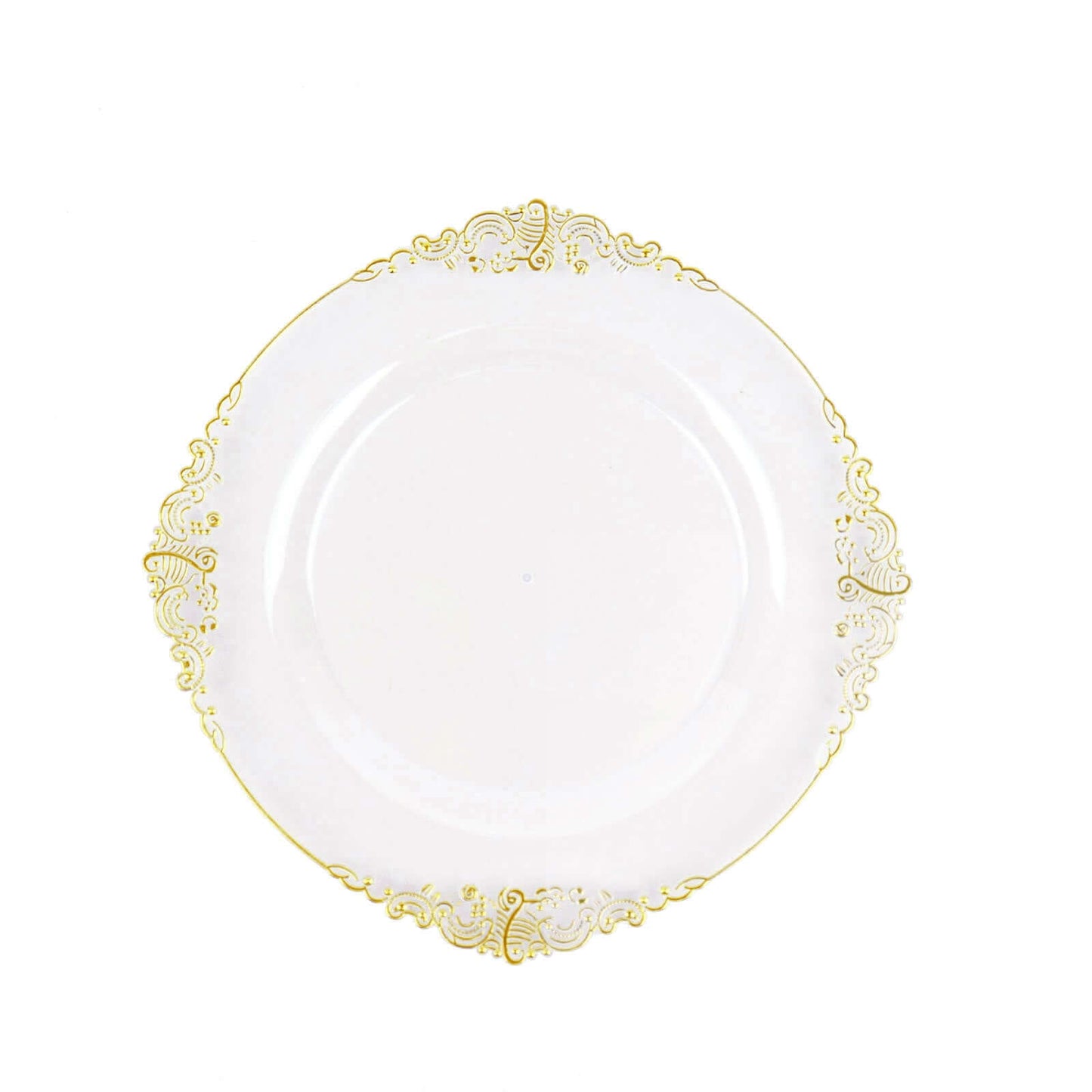 10-Pack Plastic 8" Round Dessert Plates in Clear with Gold Leaf Embossed Rim - Disposable Vintage Baroque Style Salad Plates