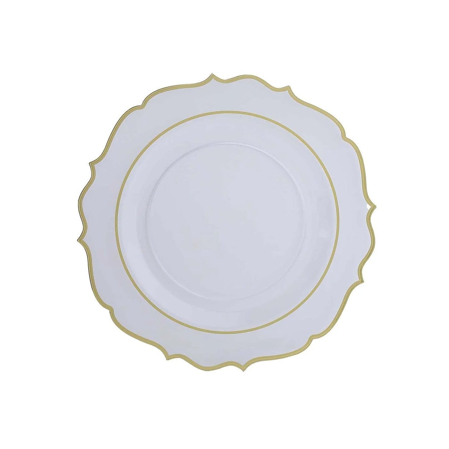 10-Pack Economy Plastic Round Charger Plates 13" in Clear with Gold Scalloped Rim, Decorative Dinner Party Serving Plates