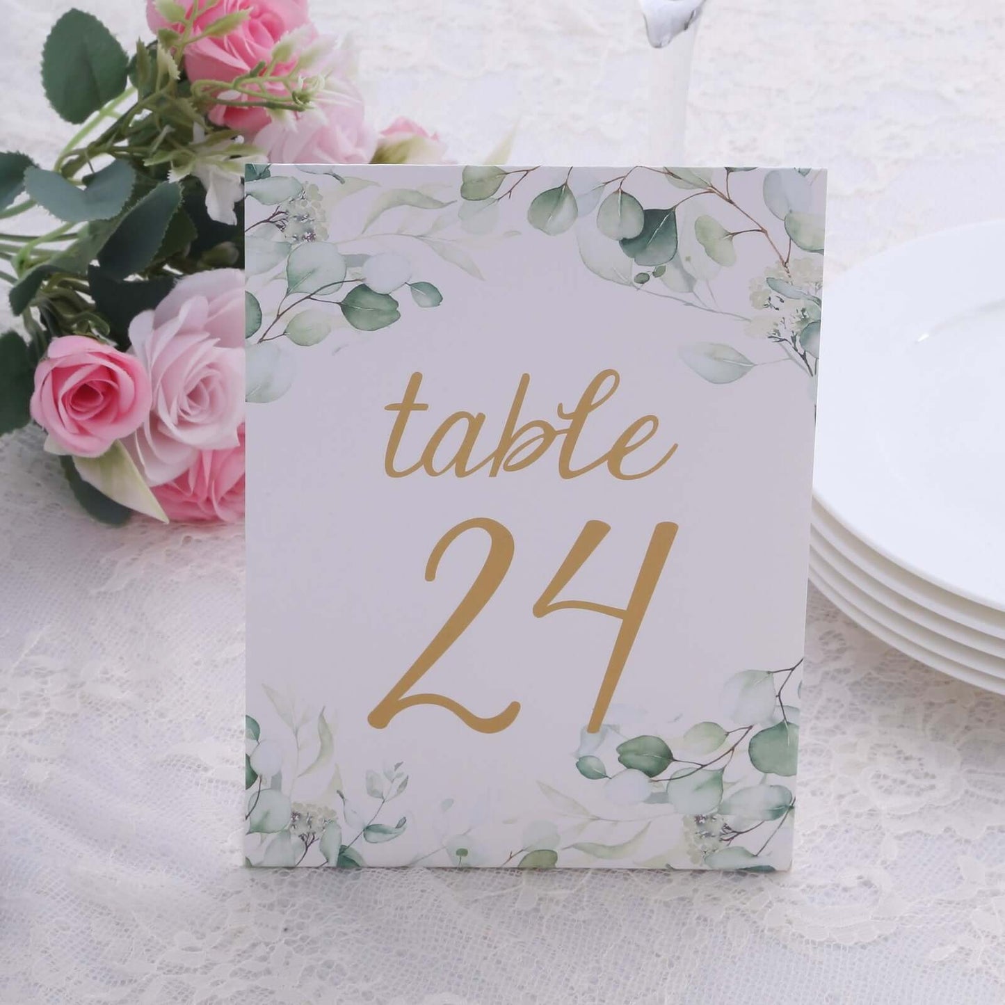 25-Pack Paper Wedding Table Numbers 1-25 White/Green Eucalyptus Leaves Design - Free Standing Double Sided Table Signs with Glam Gold Foil Numbers 7"