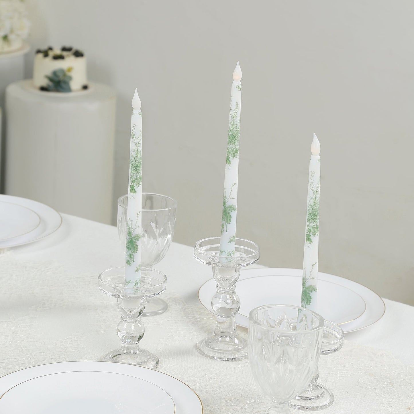 6-Pack 11" Flameless LED Taper Candles, Flickering Battery Operated â€“ White & Sage Green French Toile Pattern