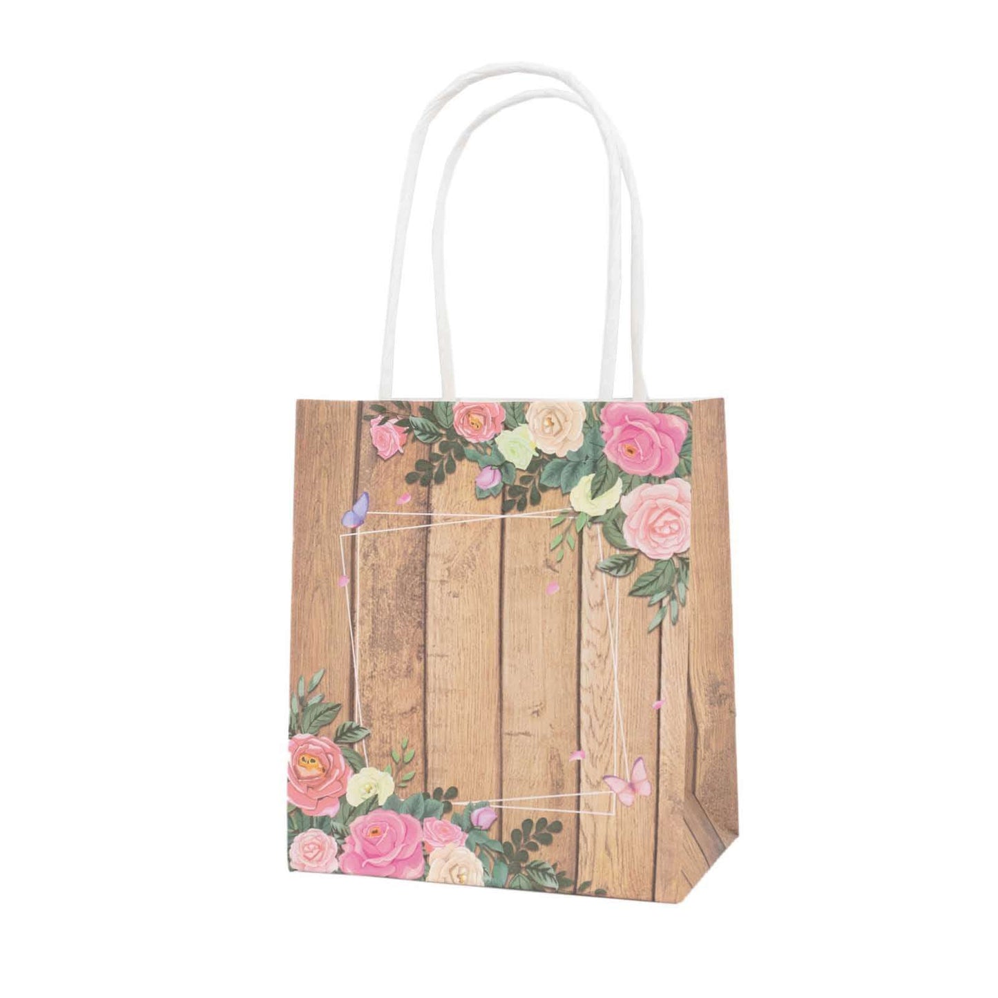 12 Pack Natural Wood Print Paper Party Favor Bags with Rose Floral Accent, Small Gift Goodie Bags With Handles - 4"x5"