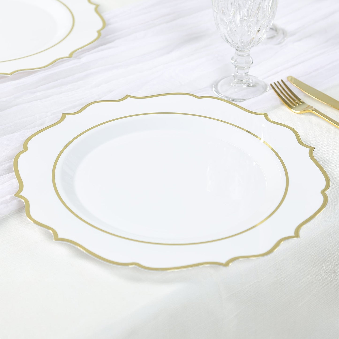 10-Pack Economy Plastic Round Charger Plates 13" in White with Gold Scalloped Rim, Decorative Dinner Party Serving Plates