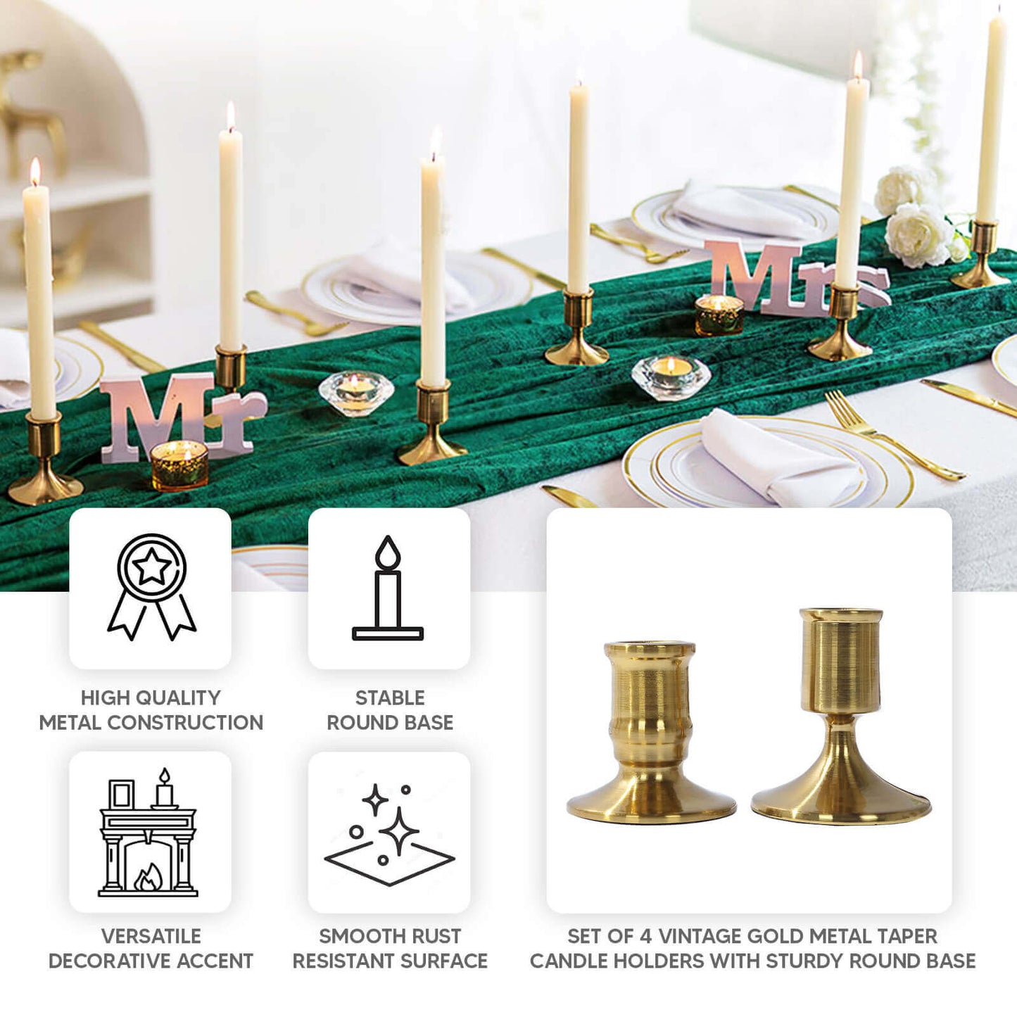 Set of 4 Metal Taper Candle Holders Vintage Gold with Sturdy Round Base - Traditional Pillar Candlestick Holders 2.5", 3"