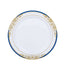 10-Pack Plastic 10" Round Dinner Plates in White with Royal Blue Rim - Stylish Gold Vine Design Disposable Party Plates for Special Occasions & Celebrations