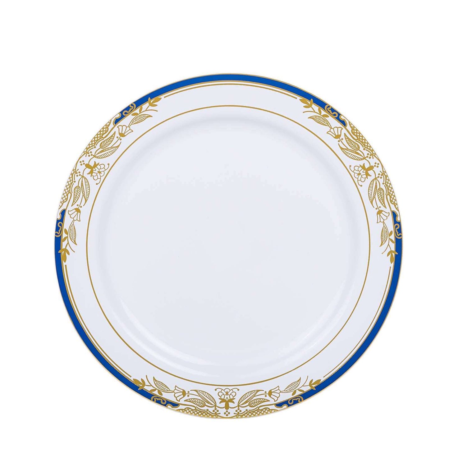 10-Pack Plastic 10" Round Dinner Plates in White with Royal Blue Rim - Stylish Gold Vine Design Disposable Party Plates for Special Occasions & Celebrations