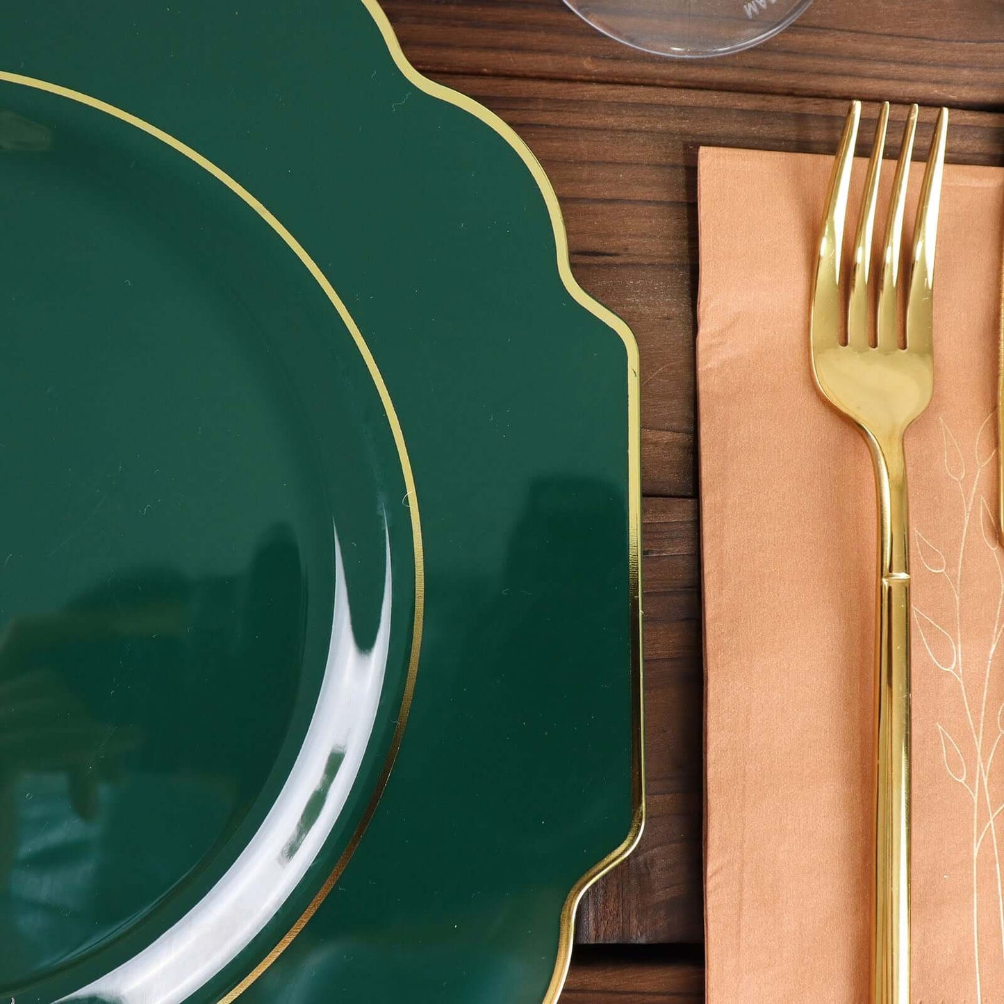 10-Pack Plastic Dinner Plates in Hunter Emerald Green Baroque Design with Scalloped Gold Rim - Heavy Duty Disposable Party Plates 11"