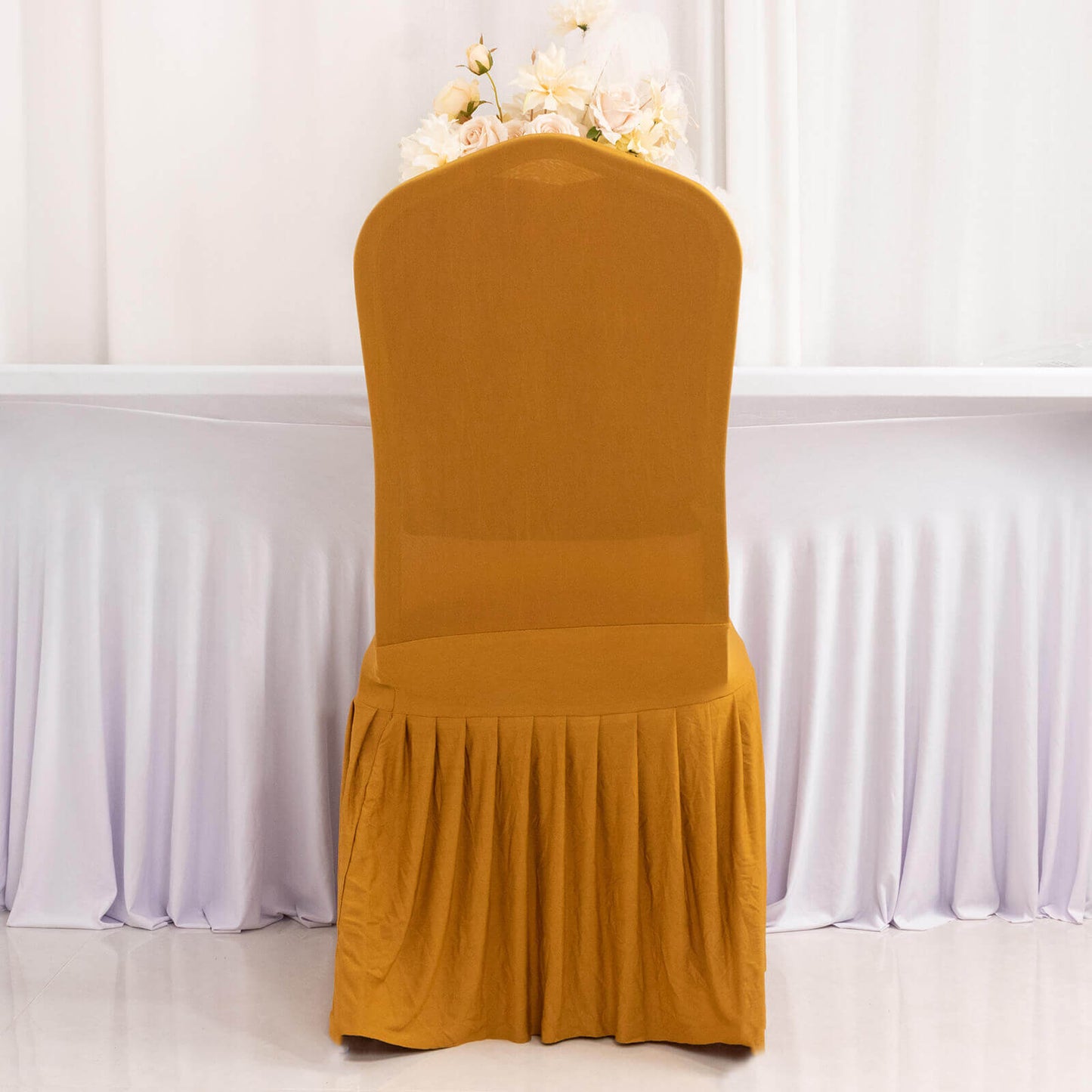 Spandex Chair Cover with Ruffle Pleated Skirt for Banquet Chairs Gold - 1-Piece Stretch Fitted Slipcover