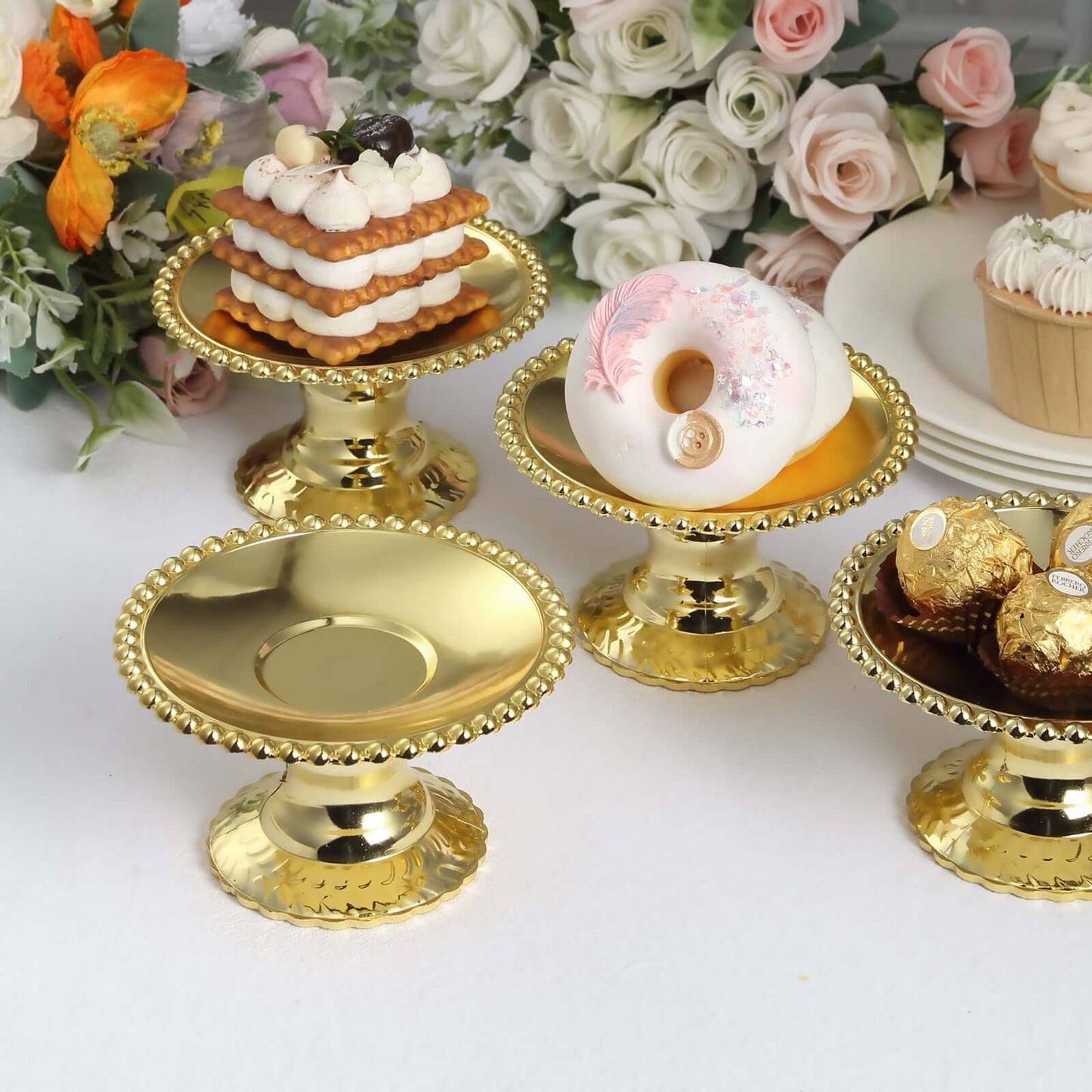 12-Pack Plastic Pedestal Cupcake Plates Mini Gold Mirror Finish Beaded Rim - Great for Displays 5"
