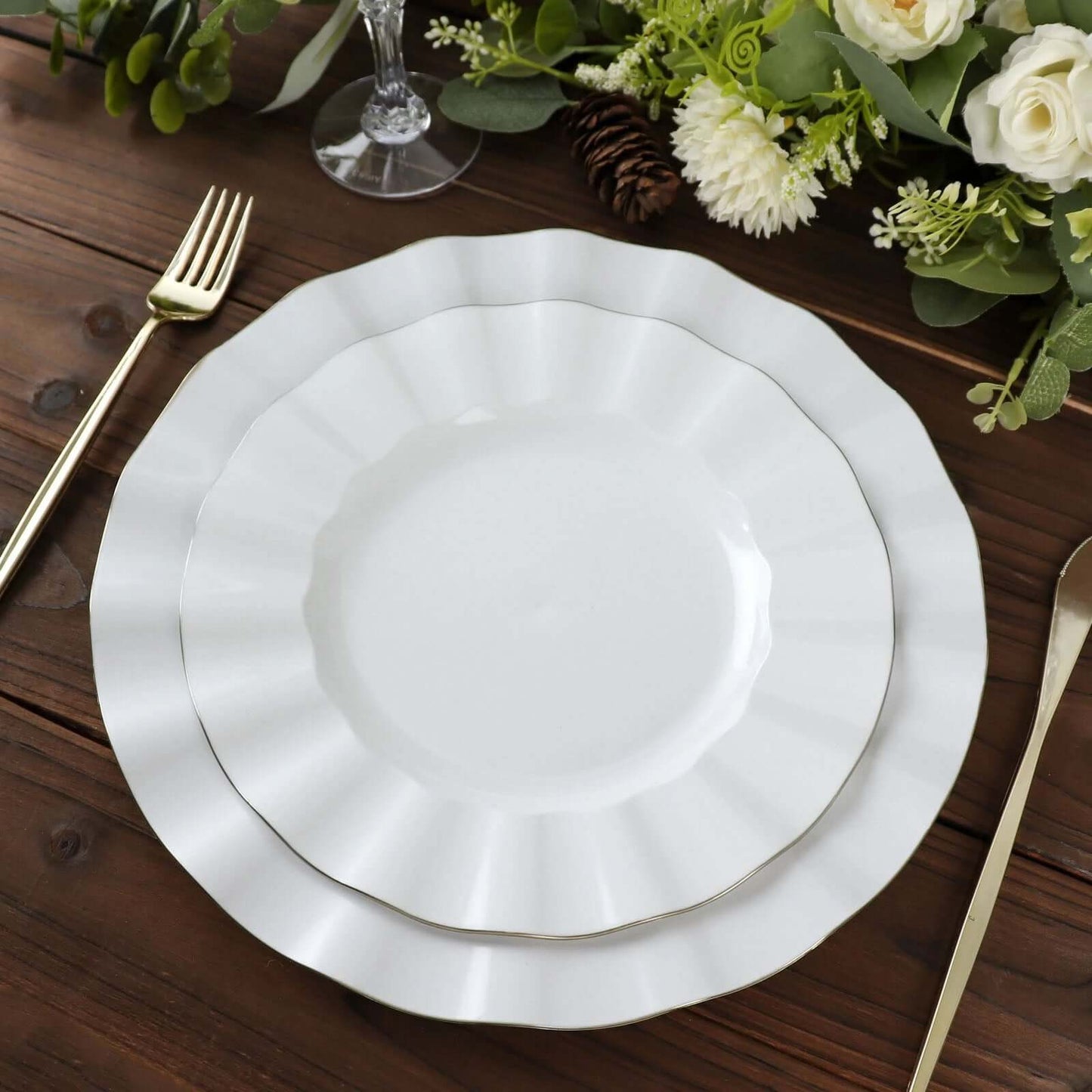 10-Pack Plastic 9" Round Dinner Plates in White Ruffled Rim with Gold Edging - Sturdy Disposable Dinnerware for Classy Events & Banquets