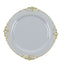 10-Pack Plastic 10" Round Dinner Plates in Gray with Gold Leaf Embossed Rim - Disposable Vintage Baroque Style Plates
