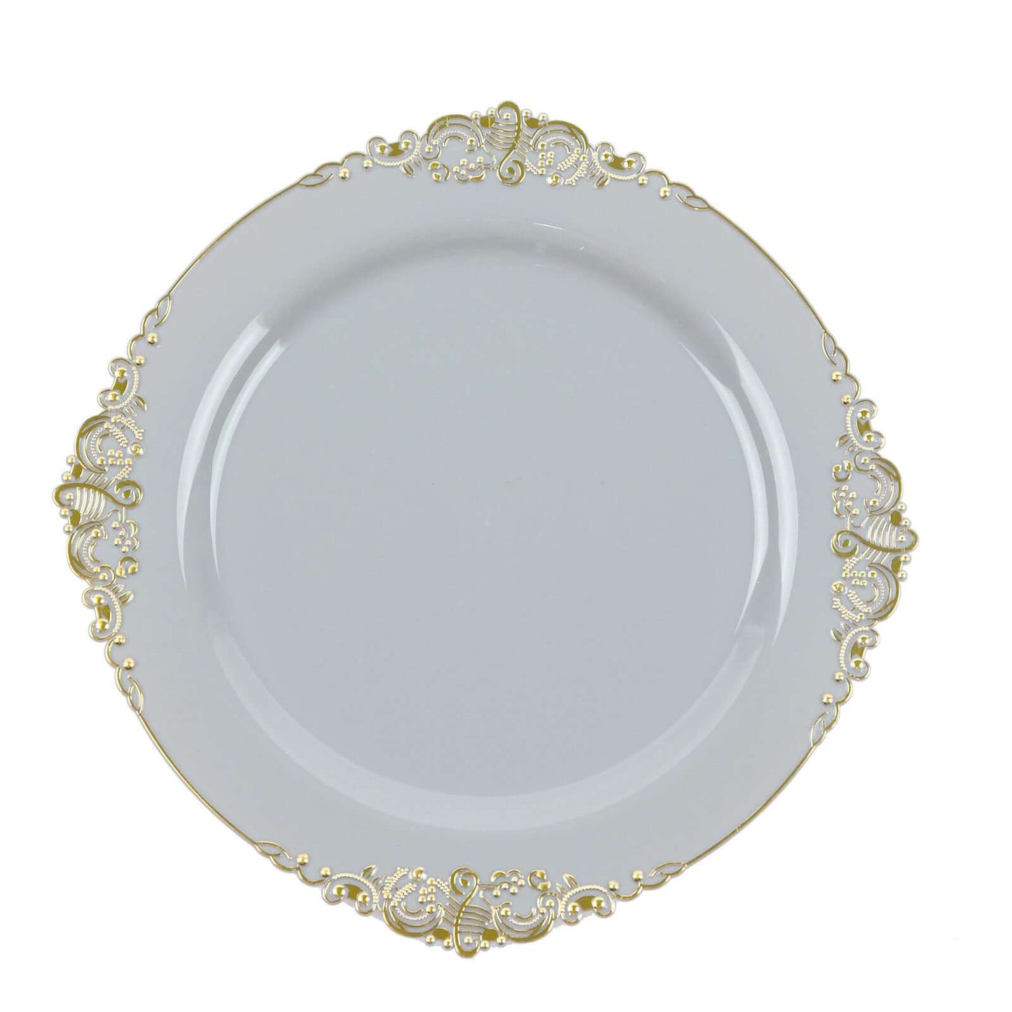 10-Pack Plastic 10" Round Dinner Plates in Gray with Gold Leaf Embossed Rim - Disposable Vintage Baroque Style Plates