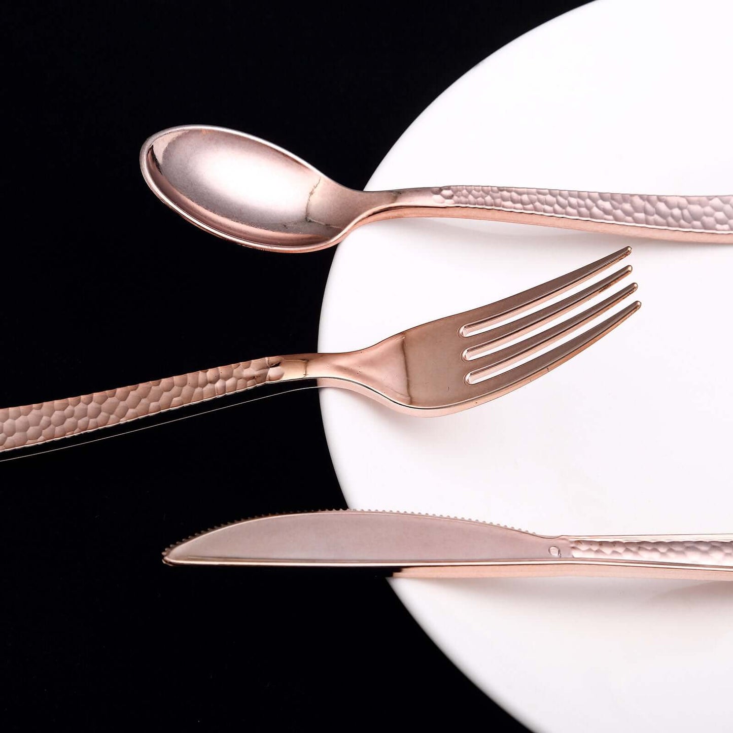 24-Pack Plastic Forks with Hammered Style Rose Gold - Heavy Duty Disposable Silverware 7"