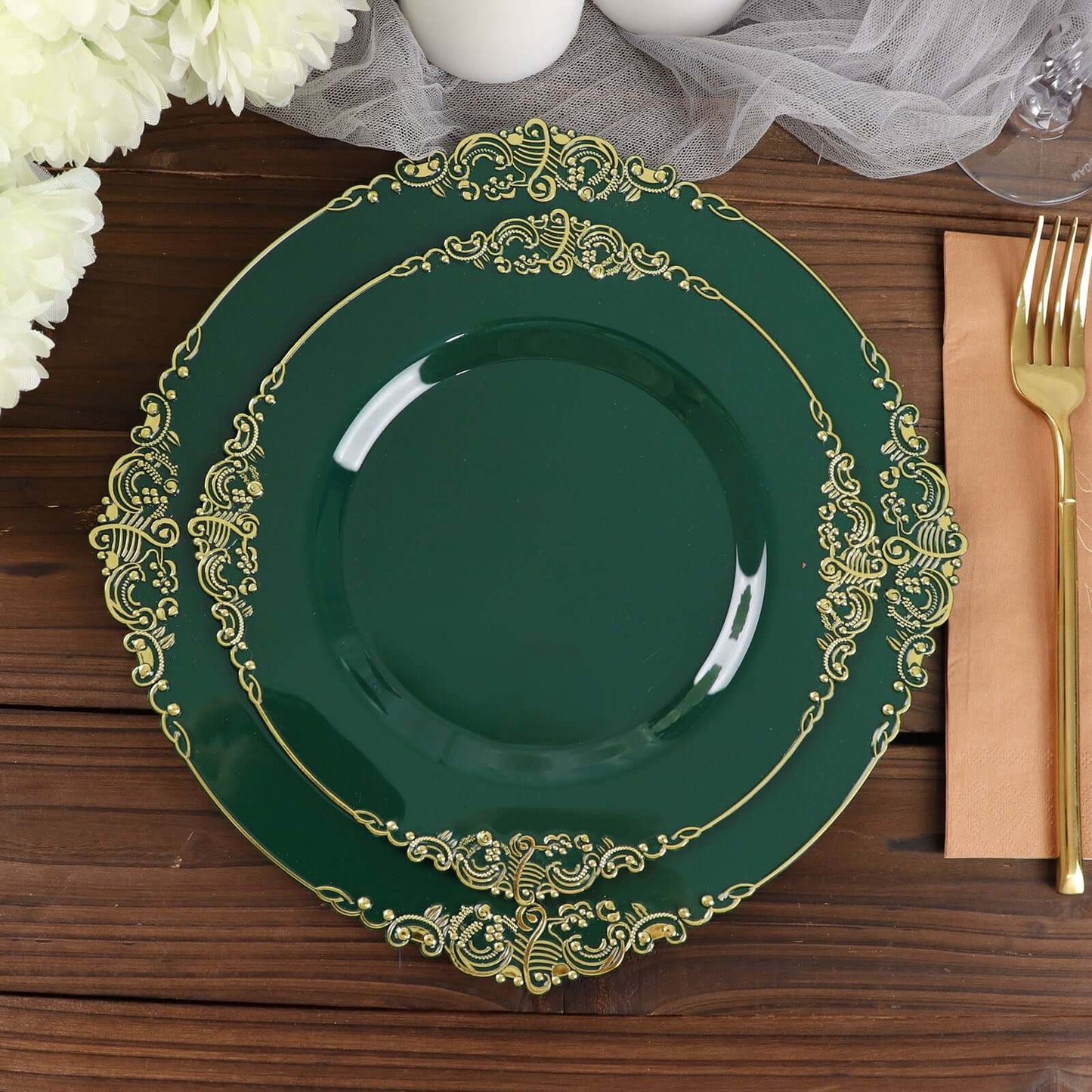10-Pack Plastic 10" Round Dinner Plates in Hunter Emerald Green with Gold Leaf Embossed Rim - Disposable Vintage Baroque Style Plates