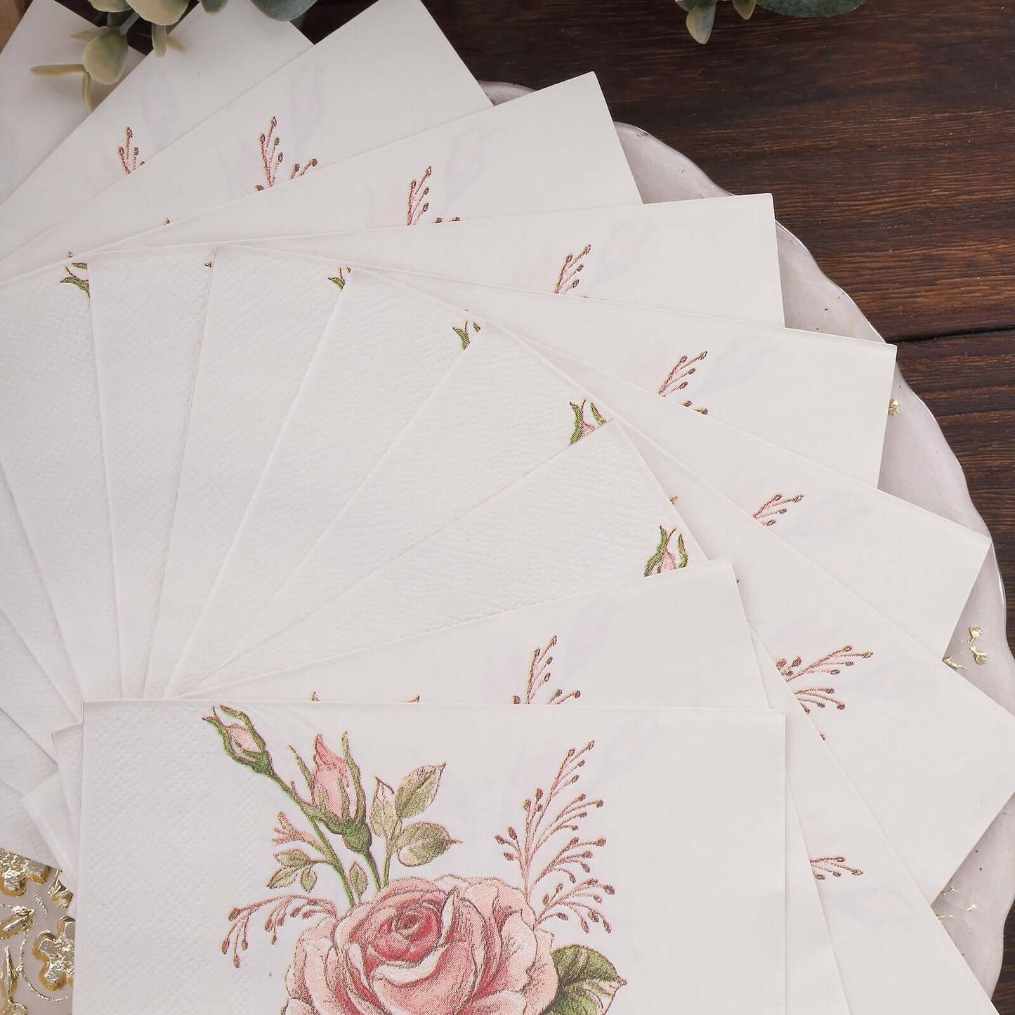 20-Pack Paper Beverage Napkins with Pink Floral Design Ivory - 2 Ply Soft 18GSM Rose Garden Wedding Napkins 6.5"x6.5"