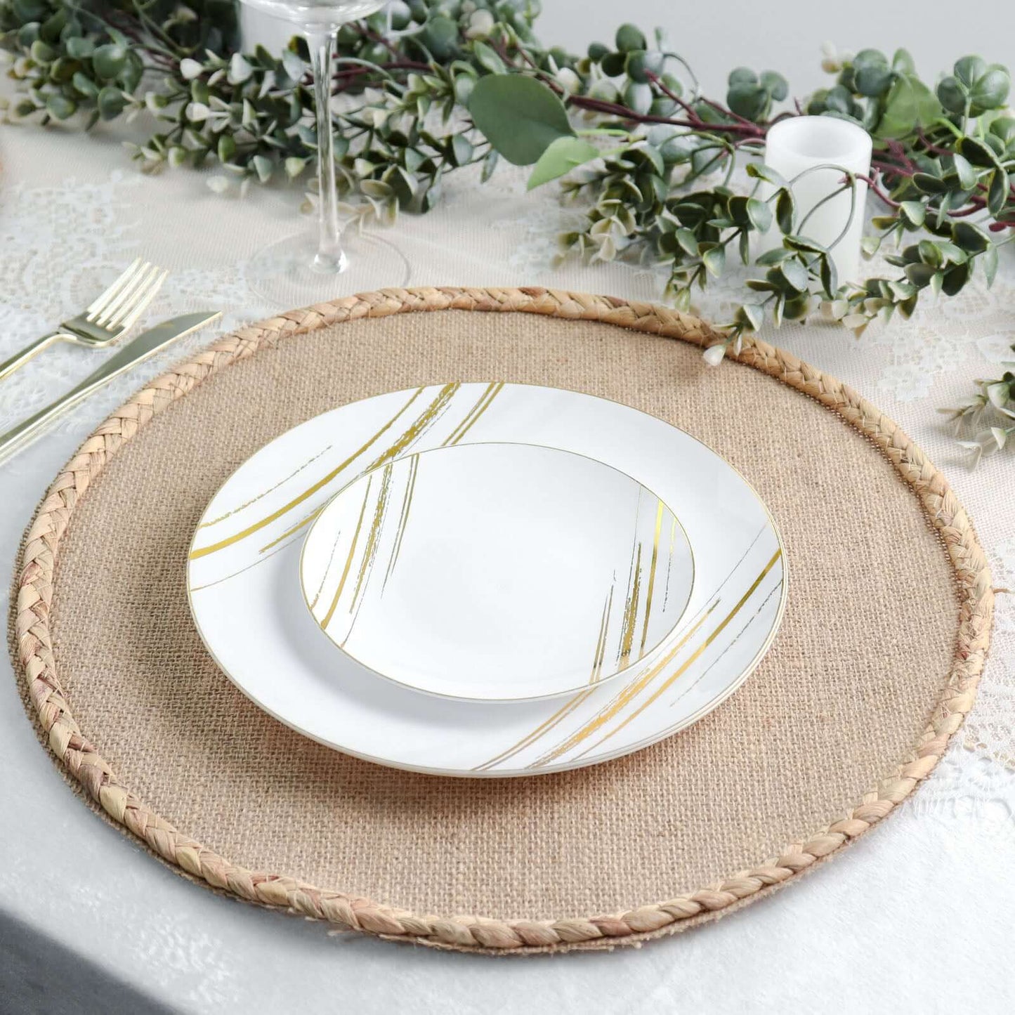 4-Pack Placemats Braided Edge Design Natural Burlap Jute Round - Rustic Farmhouse Style with Trim 15"