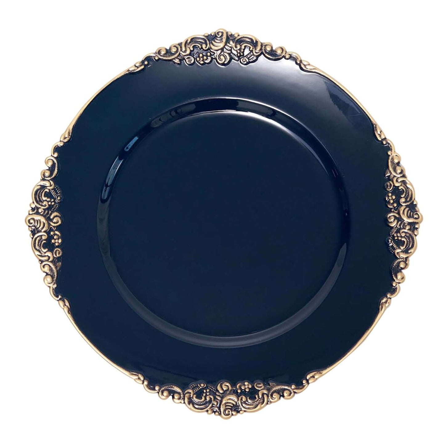 6-Pack Acrylic Round Charger Plates 13" in Navy Blue with Gold Embossed Baroque Rim, Antique Decorative Dinner Party Charger Tableware