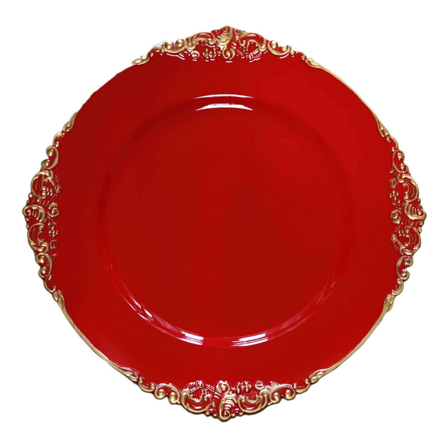 6-Pack Acrylic Round Charger Plates 13" in Red with Gold Embossed Baroque Rim, Antique Decorative Dinner Party Charger Tableware