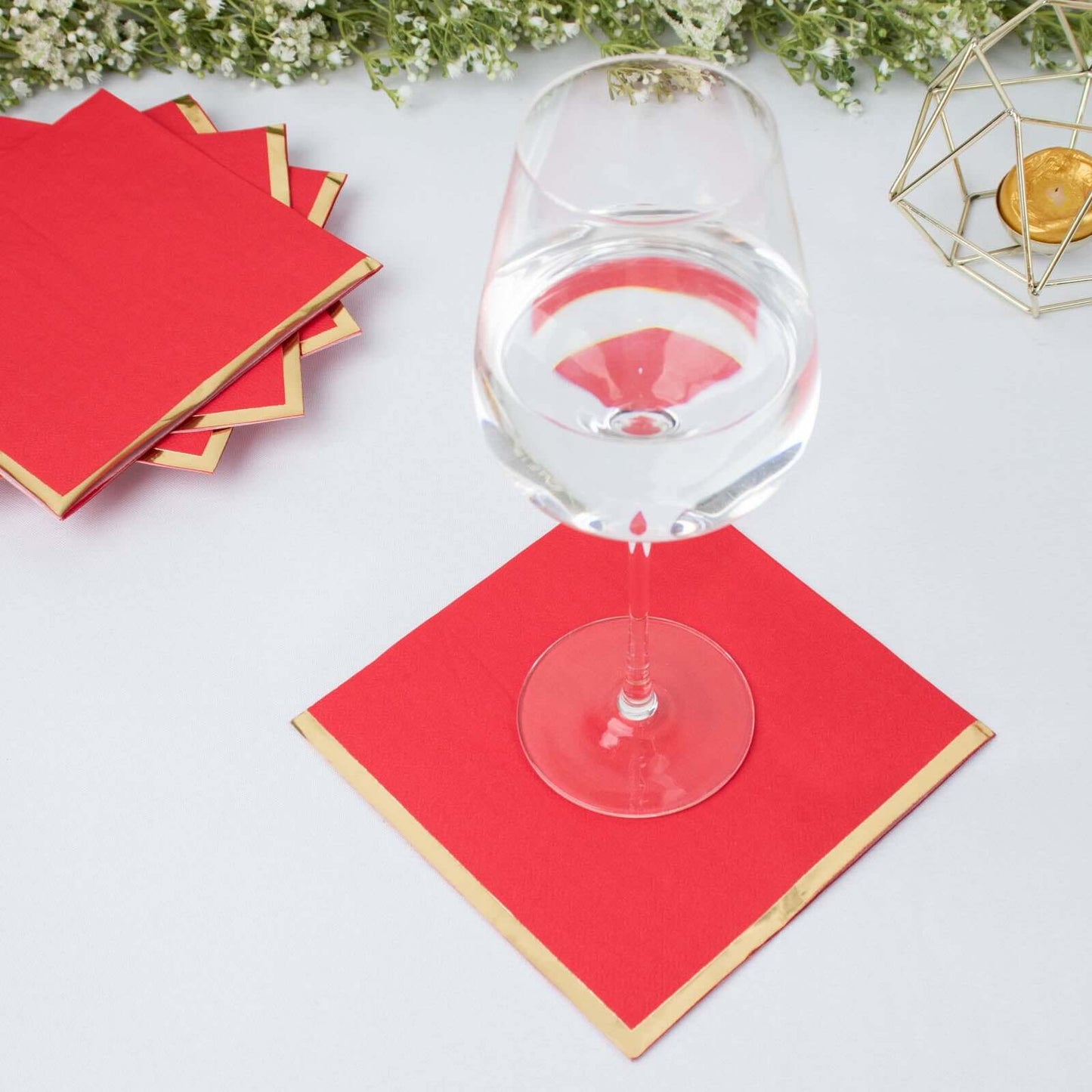 50-Pack Paper Beverage Napkins with Gold Foil Edge Red - Disposable 2 Ply Cocktail Napkins for Events 6.5"x6.5"