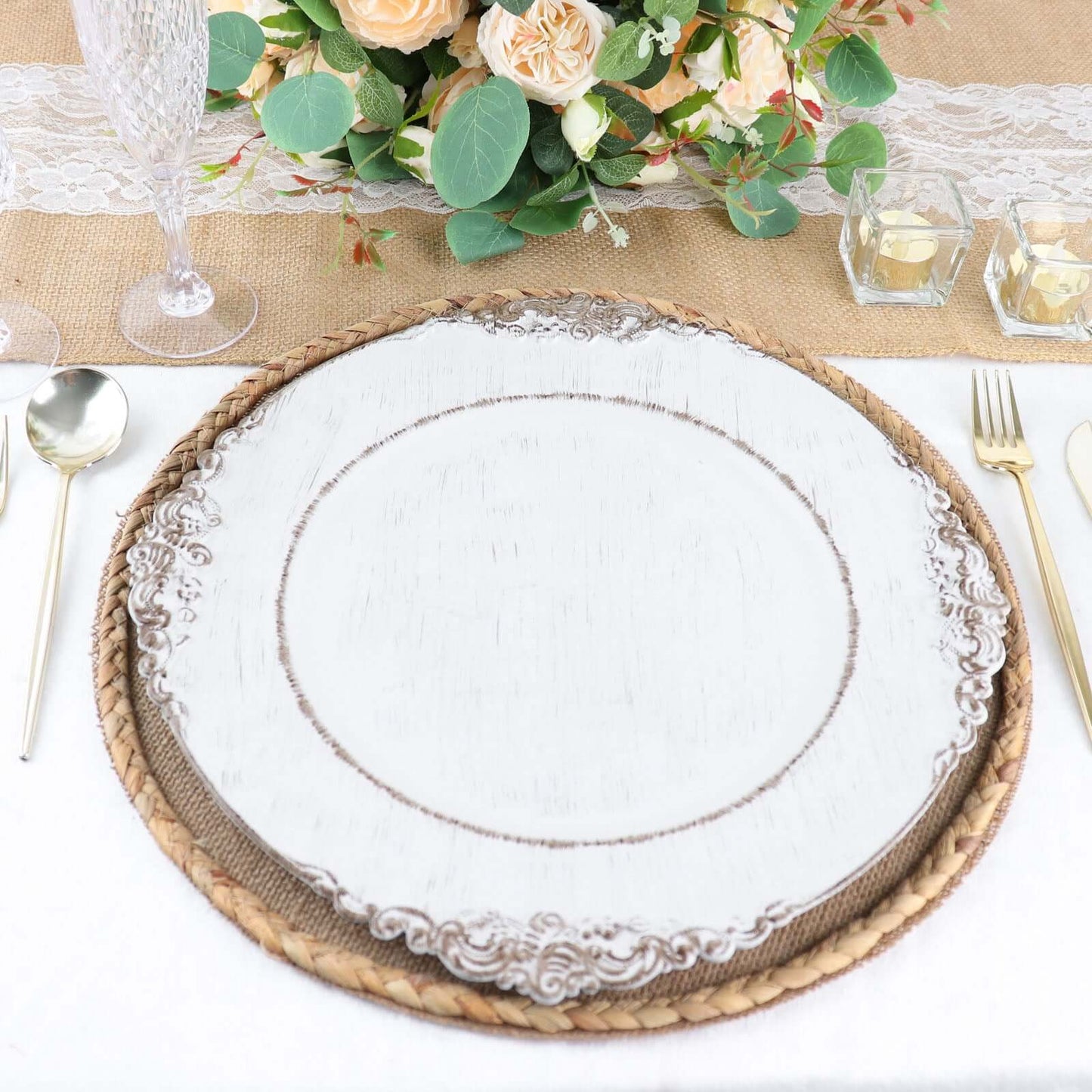 4-Pack Placemats Braided Edge Design Natural Burlap Jute Round - Rustic Farmhouse Style with Trim 15"