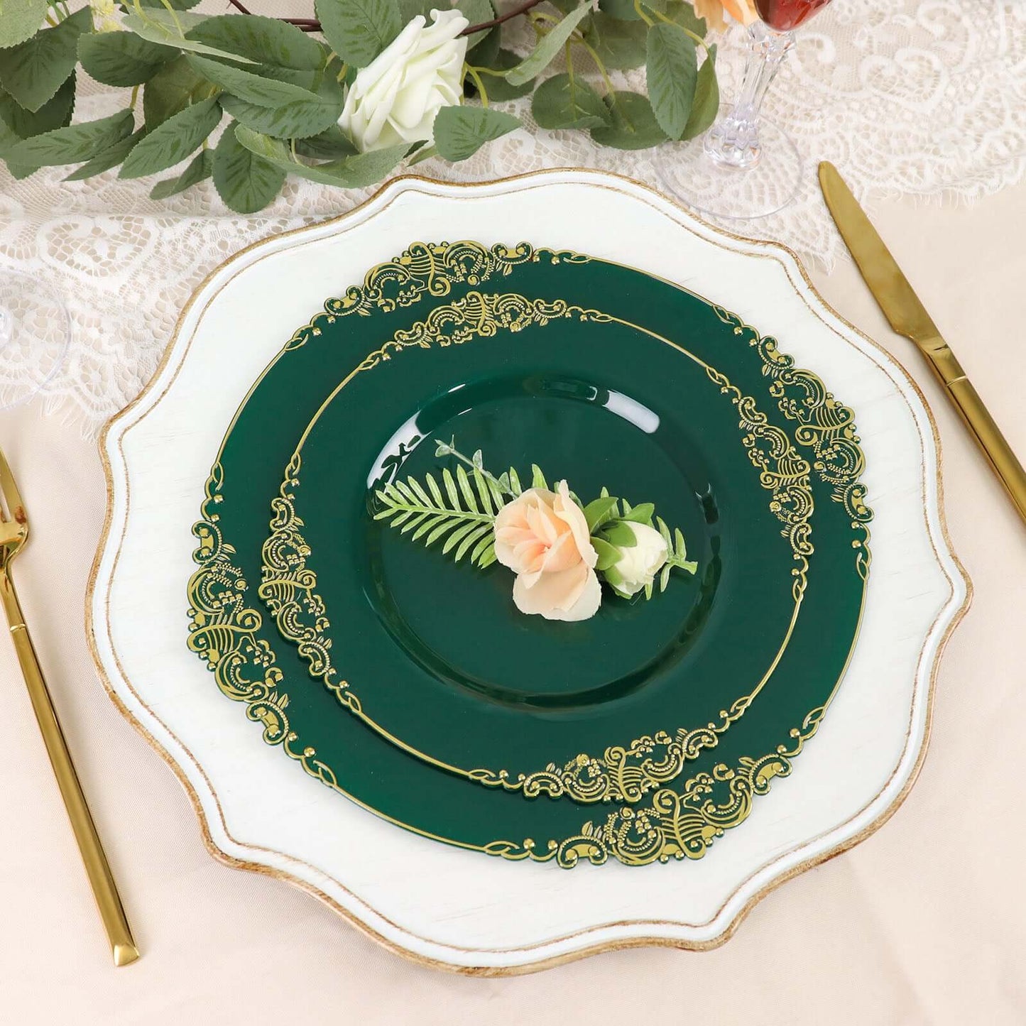 10-Pack Plastic 8" Round Dessert Plates in Hunter Emerald Green with Gold Leaf Embossed Rim - Disposable Vintage Baroque Style Salad Plates