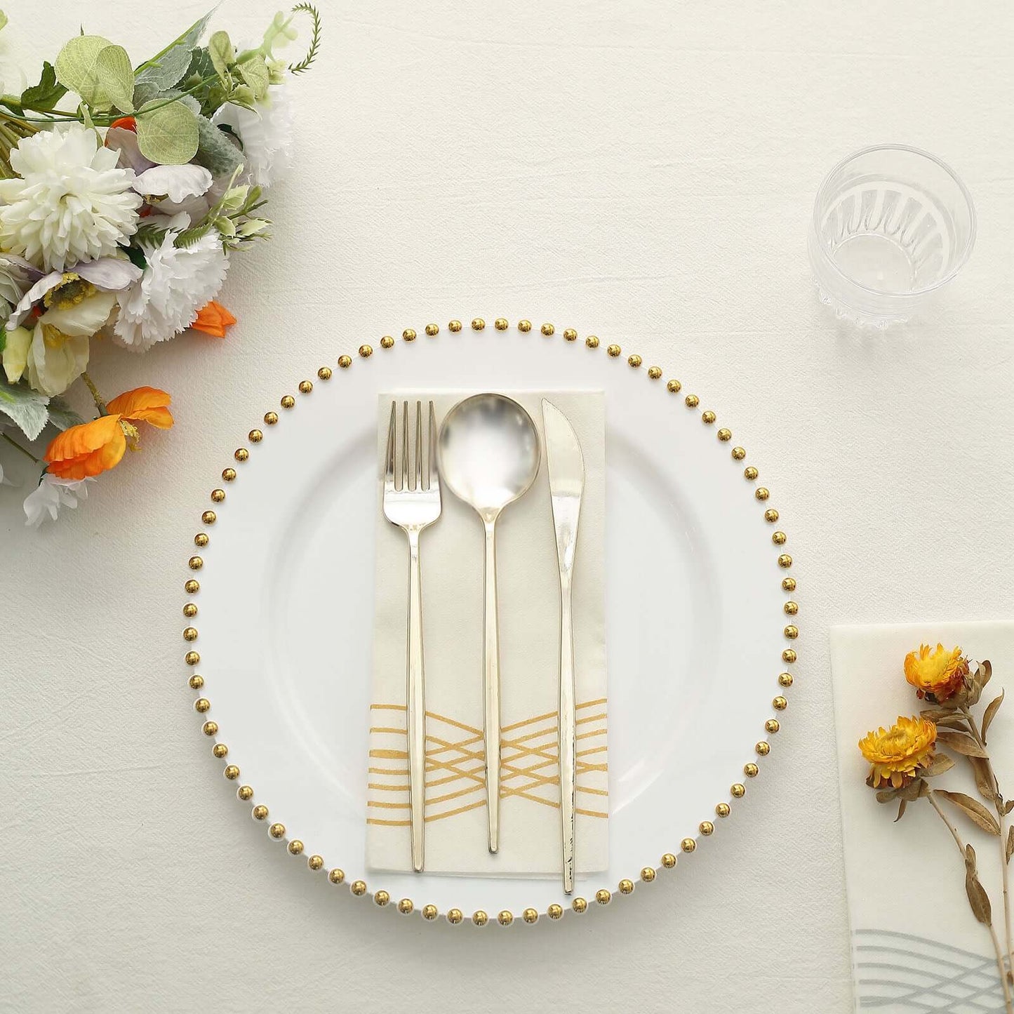 10-Pack Plastic 10" Round Dinner Plates in White with Gold Beaded Rim - Disposable Party Plates for Banquets & Festive Occasions