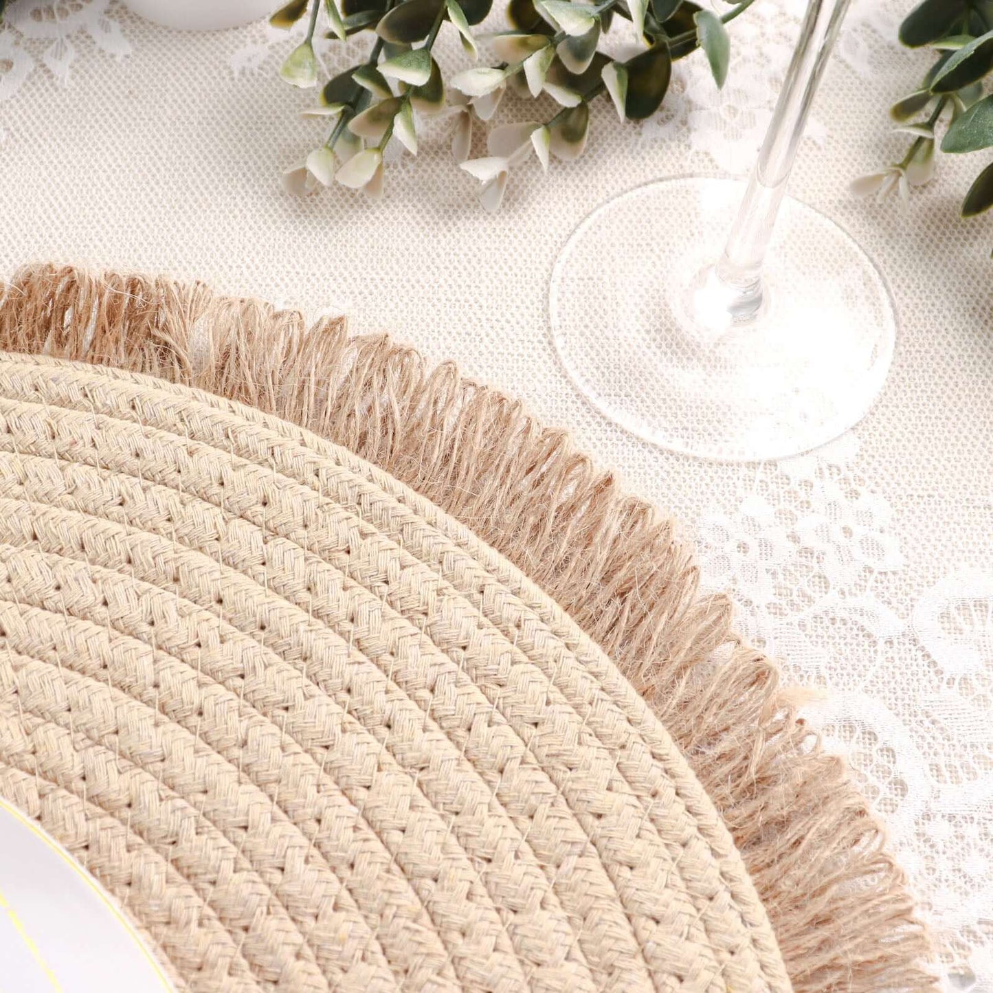 4-Pack Placemats Fringed Edge Design Natural Rustic Burlap Jute Round - Farmhouse Style Table Mats with Trim 15"