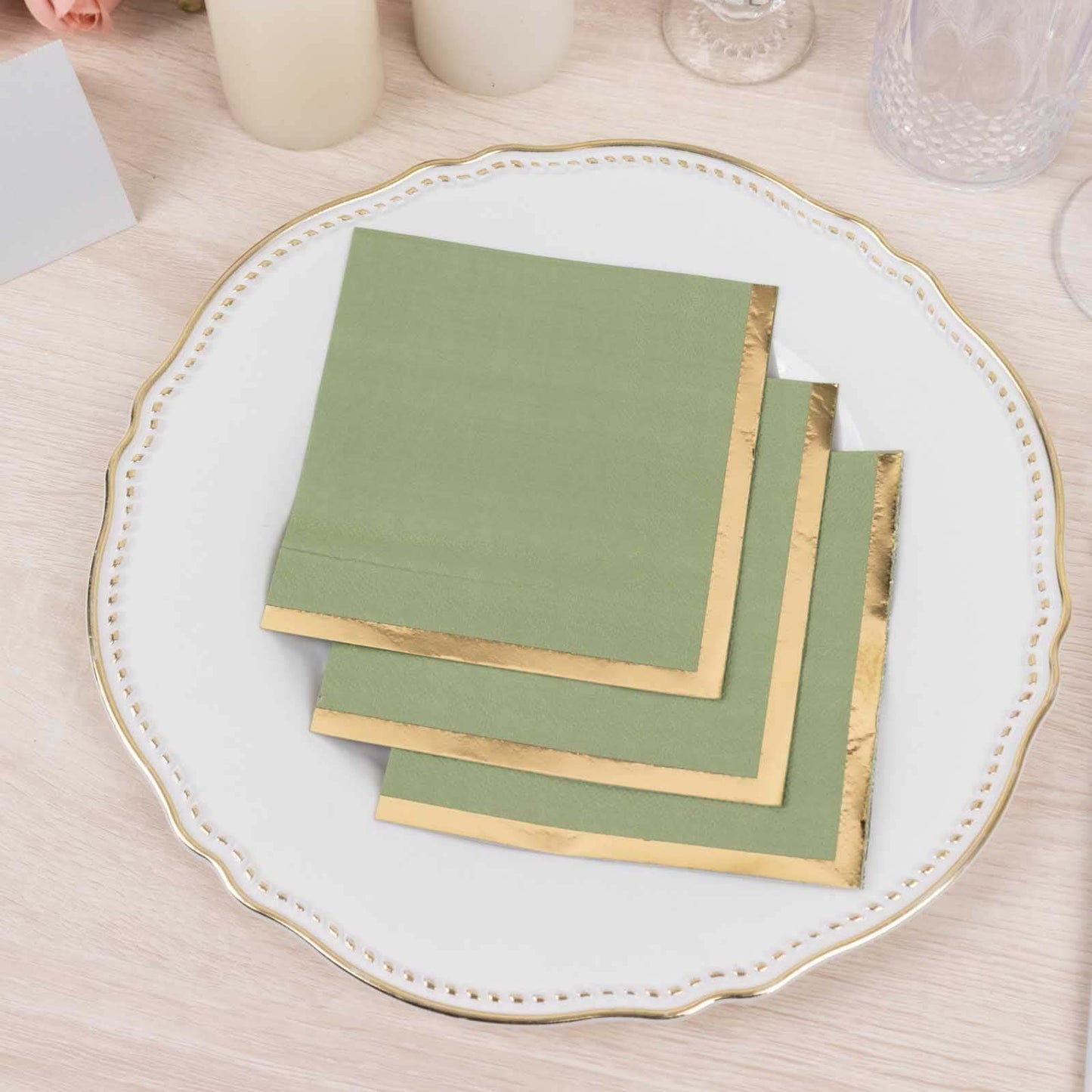 50-Pack Paper Beverage Napkins Sage Green with Gold Foil Edge - 2 Ply Disposable Soft 18GSM Cocktail Napkins 5"x5"