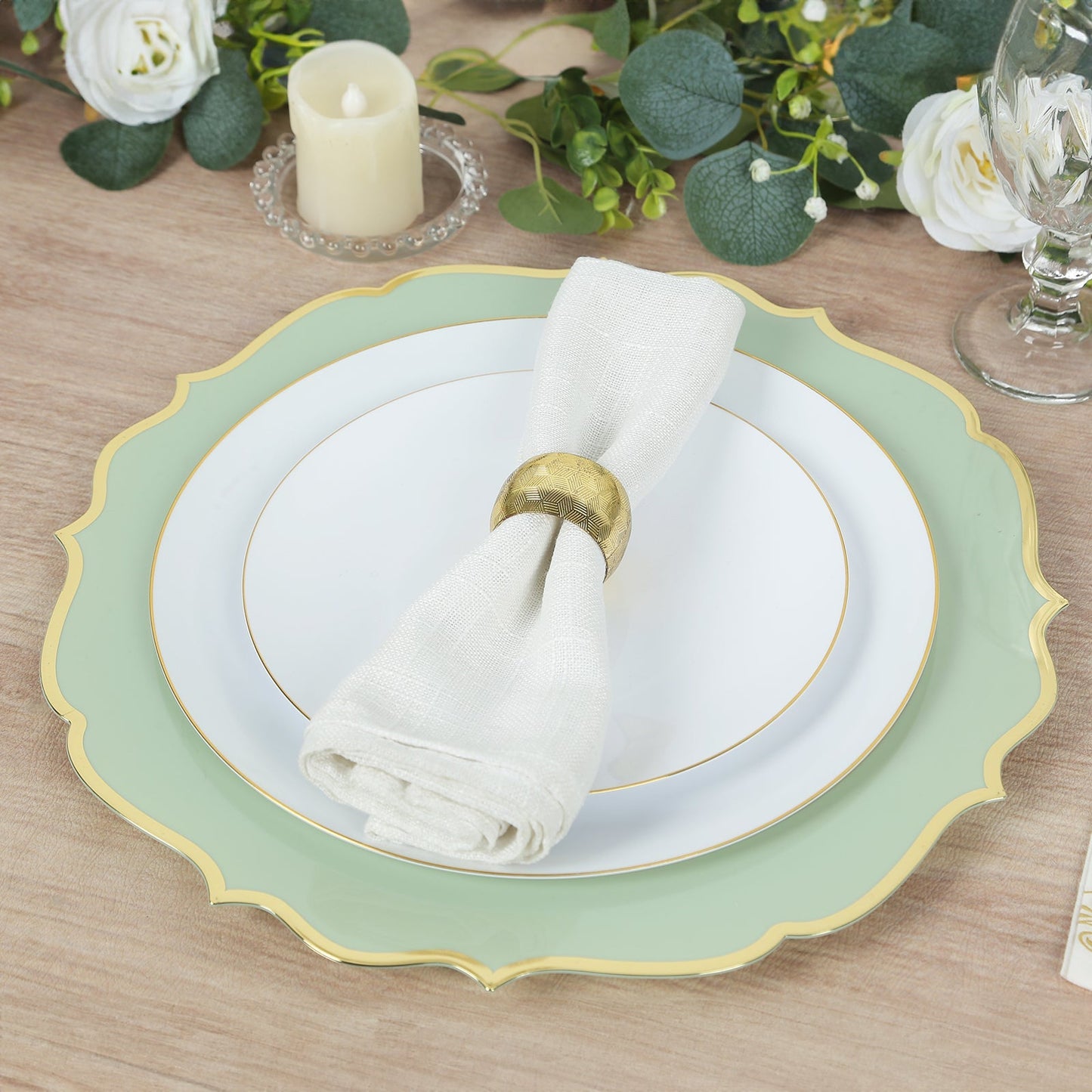 10-Pack Economy Plastic Round Charger Plates 13" in Sage Green with Gold Scalloped Rim, Decorative Dinner Party Serving Plates