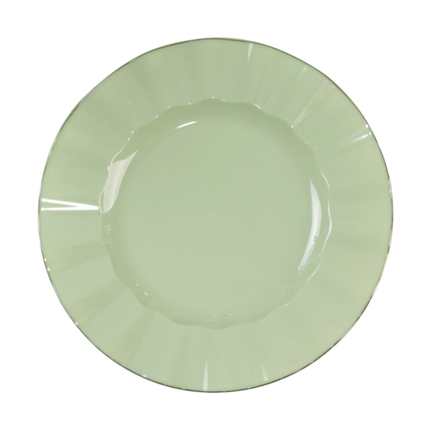 10-Pack Plastic 9" Round Dinner Plates in Sage Green Ruffled Rim with Gold Edging - Sturdy Disposable Dinnerware