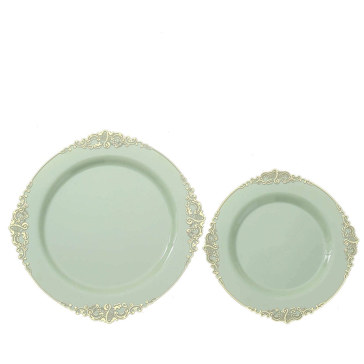 10-Pack Plastic 8" Round Dessert Plates in Sage Green with Gold Leaf Embossed Rim - Disposable Vintage Baroque Style Salad Plates