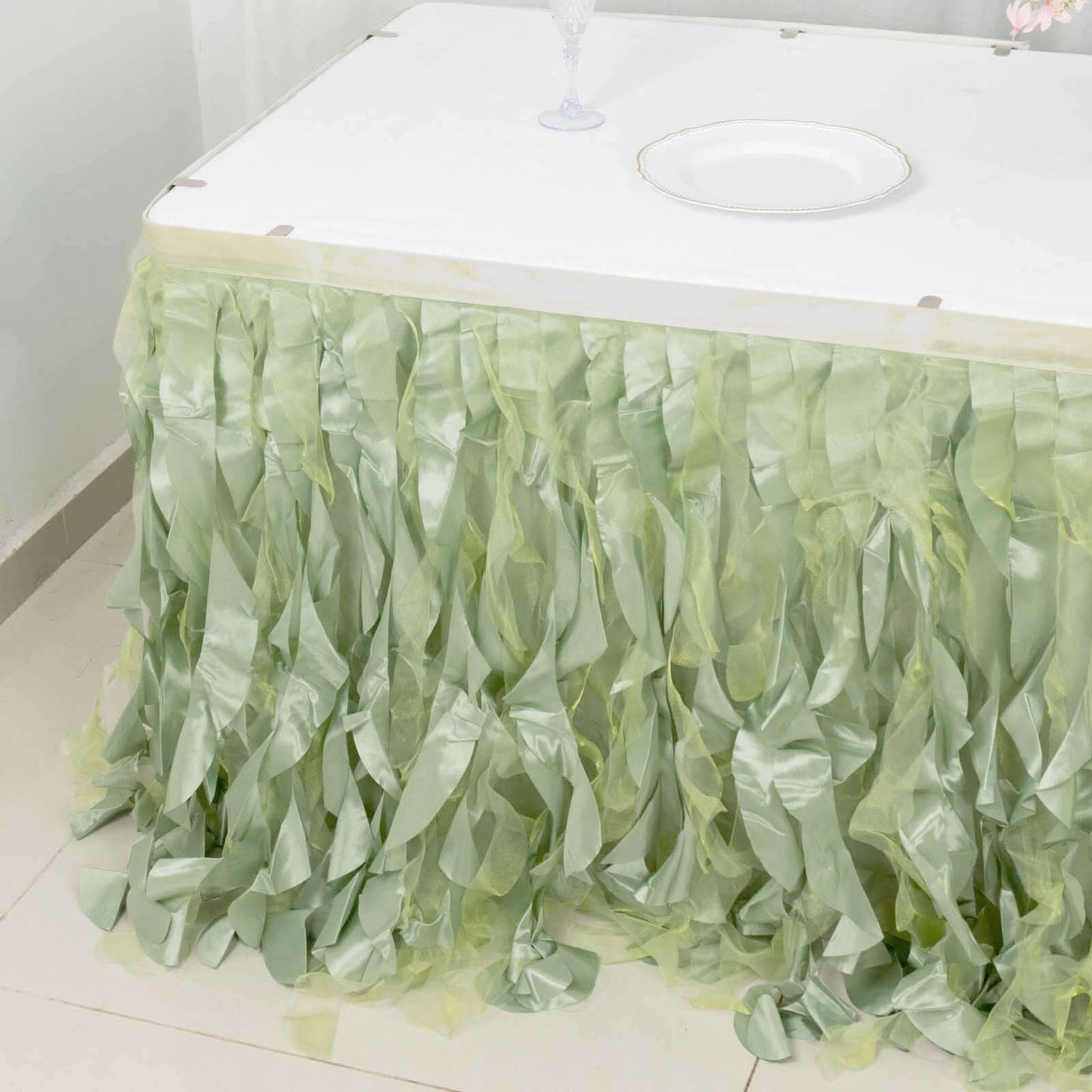 Taffeta 14ft Table Skirt Sage Green - Cascading Curly Willow Style Table Cover