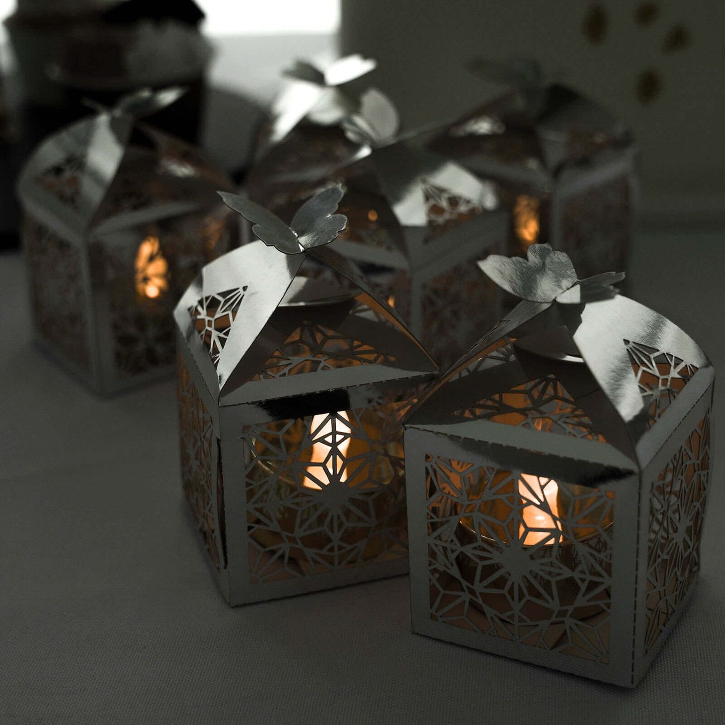 25 Pack Silver Butterfly Top Laser Cut Lace Favor Candy Gift Boxes