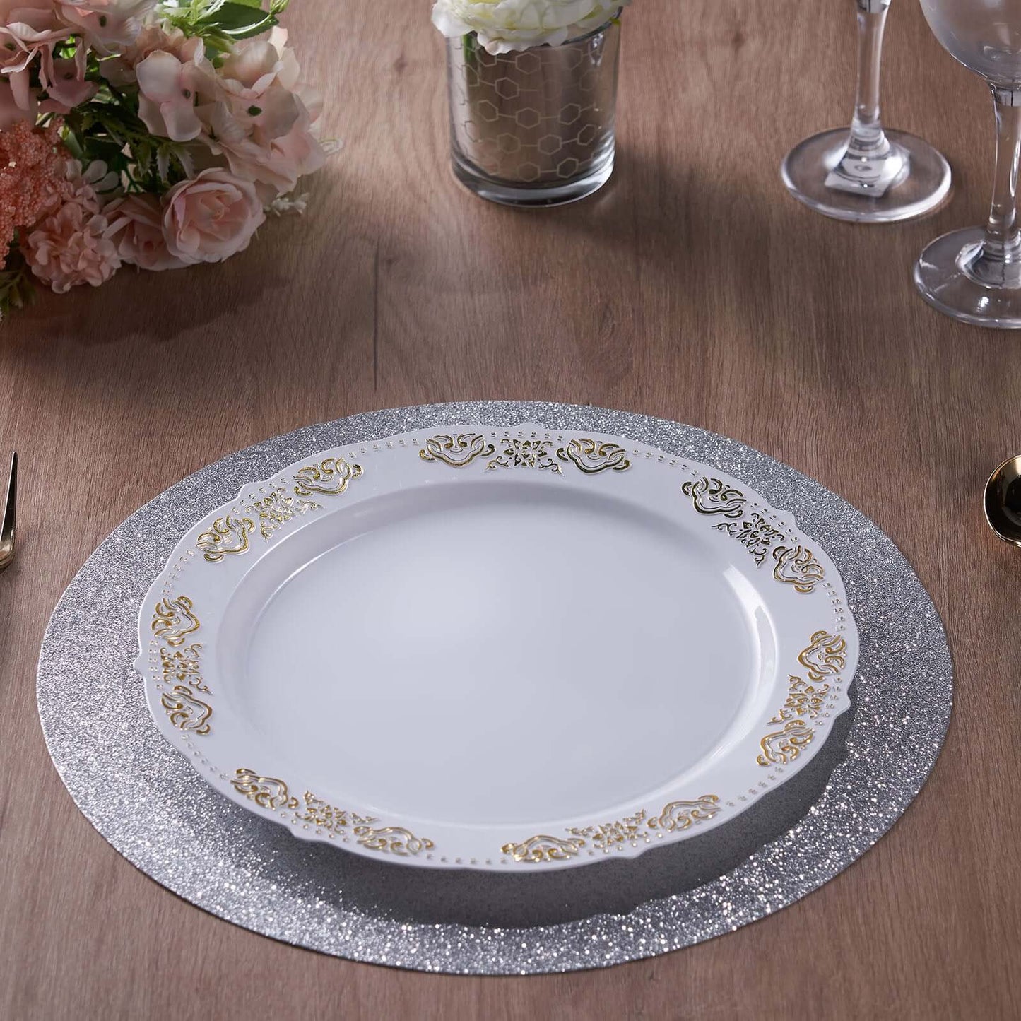 6-Pack Placemats Glitter Design Silver Sparkle Round - Non-Slip Decorative Dining Table Mats 13"