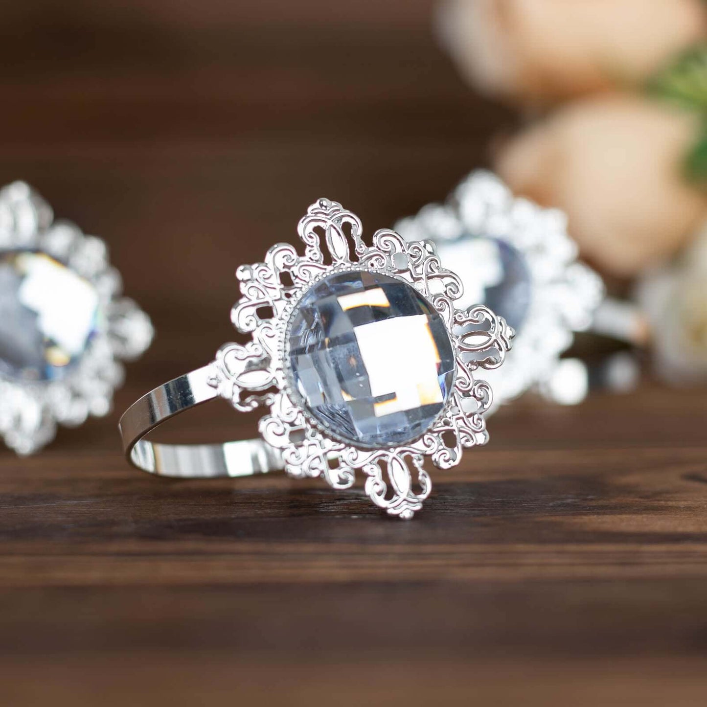 6 Pack 2" Silver Metal Clear Crystal Rhinestone Napkin Rings, Diamond Bling Napkin Holders